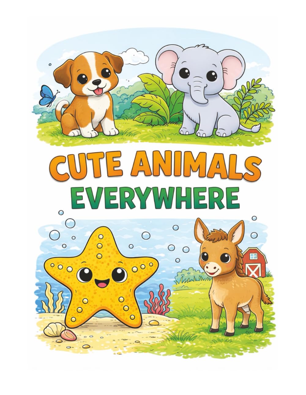 Cute Animals Everywhere Coloring Book: 32 Adorable Baby Animals to Color | Pets, Farm, Jungle & Sea | Simple Relaxing Coloring Pages for All Ages
