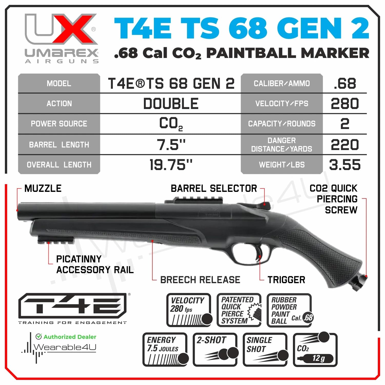 Umarex T4E TS 68 GEN 2 .68 Cal CO2 Paintball Marker (2292203) — view 2