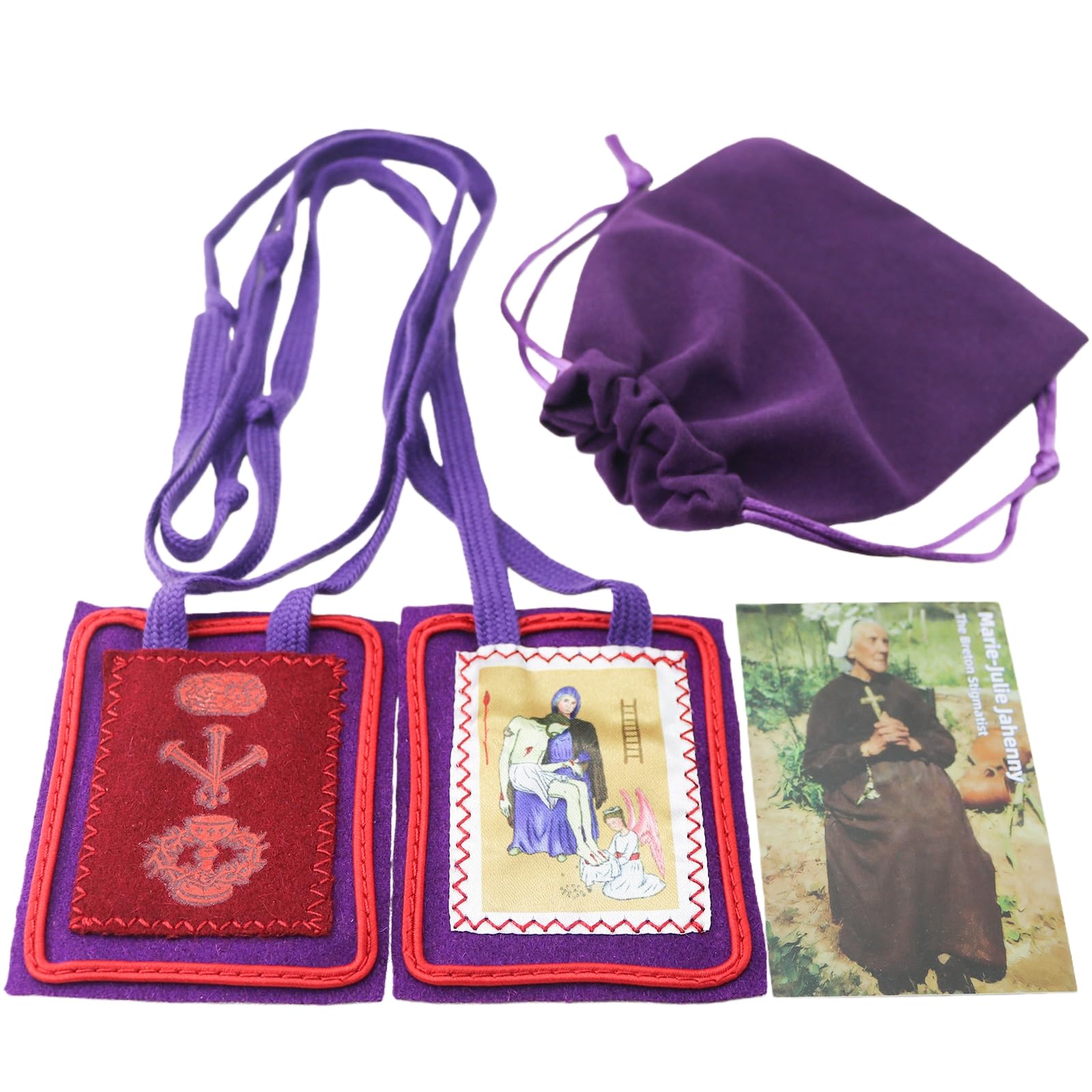 MERCILIA MEISHILAI Escapulario morado de 7,6 x 6,3 cm - Escapulario de lana Escapulario Morado de Bendición y Protección para los tiempos finales - Incluye bolsa de terciopelo morado y tarjeta de