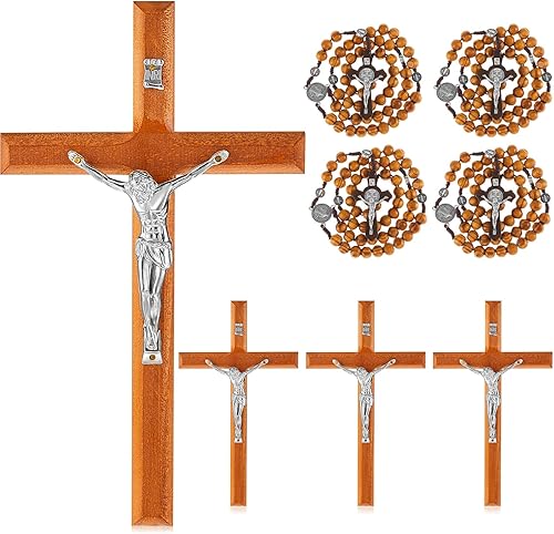 Leinuosen 8 piezas de cruz de pared de crucifijo hecho a mano y cuentas de rosario de madera para colgar en la cruz de Jesús, rosario de madera para