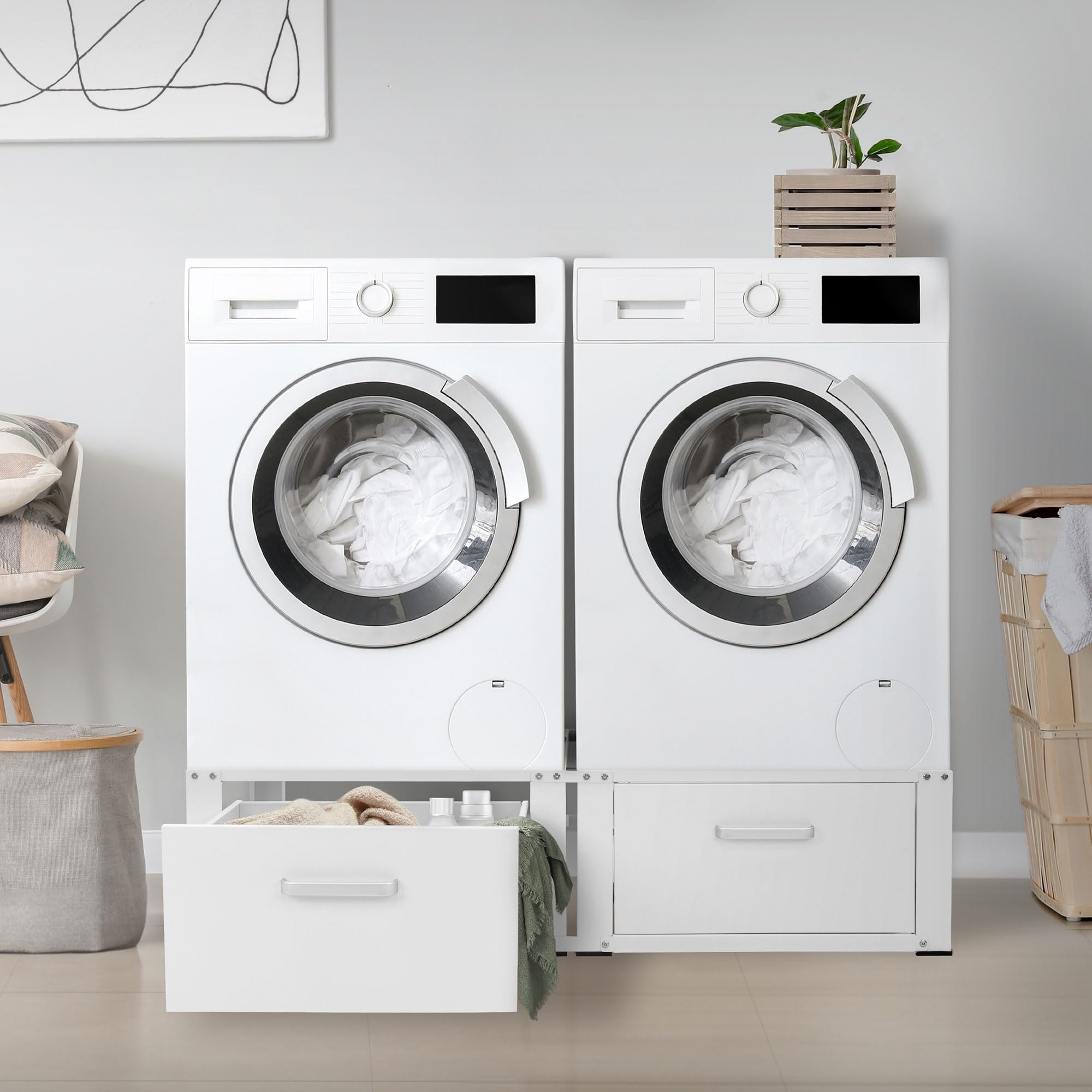 ML-Design Set di 2 Basi per Lavatrice Asciugatrice Frigorifero con Cassetto 128x53,5x31,5 cm in Acciaio Bianco Portata fino a 150 kg Piedistalli Supporti Rialzati per Elettrodomestici Carichi Pesanti