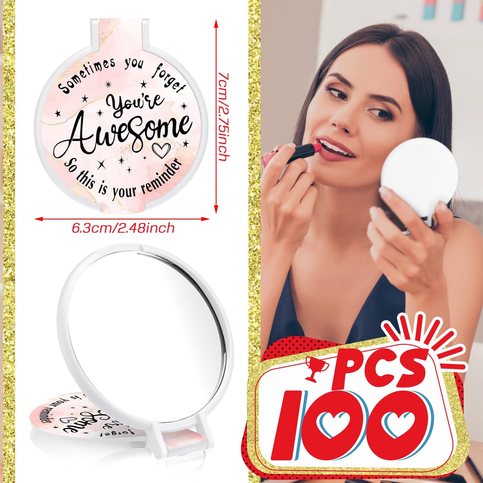 Huwena 100 piezas de espejo compacto a granel inspirador bolsillo pequeño redondo portátil plegable bolso de maquillaje espejo de agradecimiento para empleados regalos de Navidad mujeres niñas