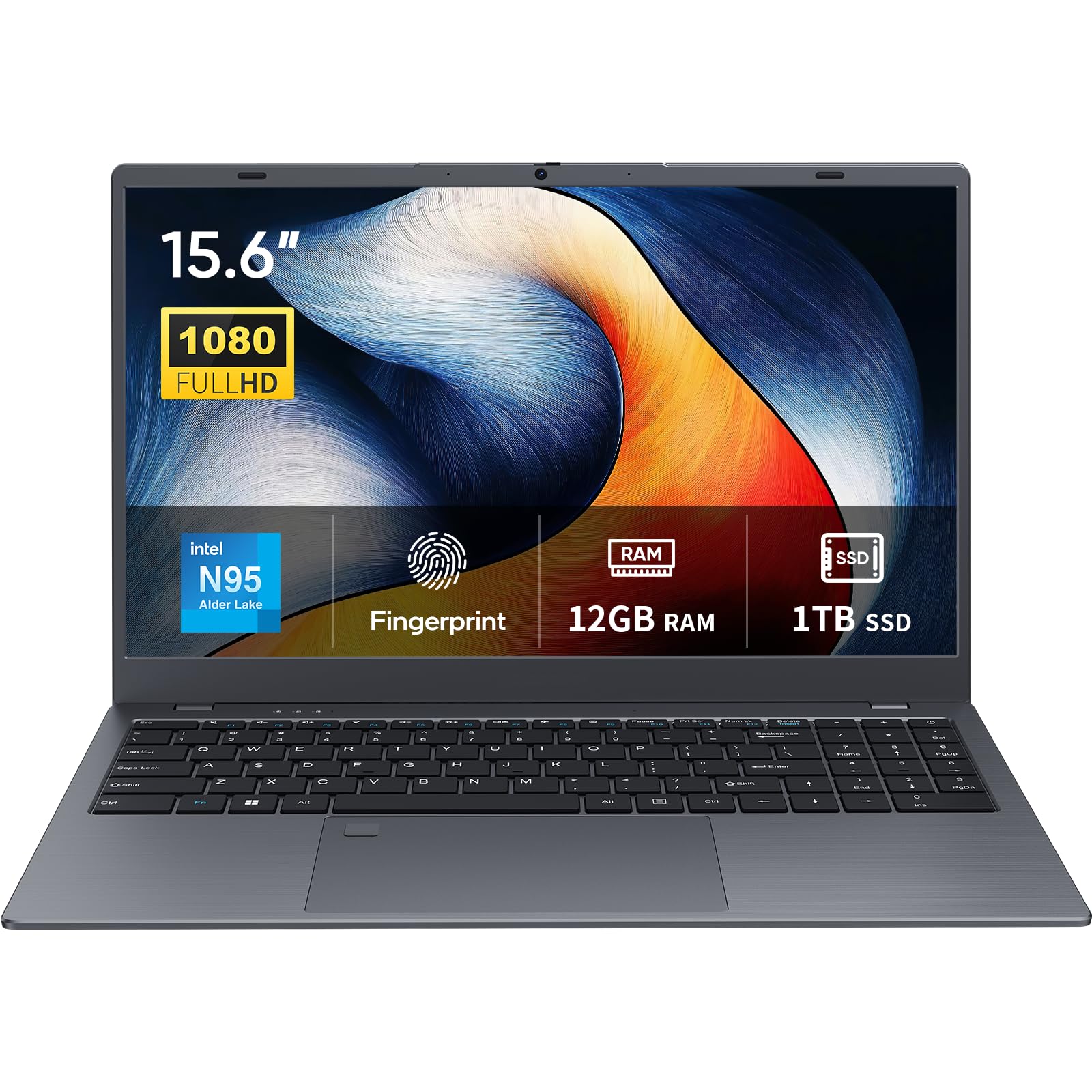 15.6" Laptop, 12GB LPDDR5 RAM, 1TB NVMe SSD, N95 Quad Core (up to 3.4GHz), FHD IPS Display, 2.4G/5G WiFi, BT5.0, Fingerprint, Webcam, Long Battery Life - for Work, Study, and Entertainment