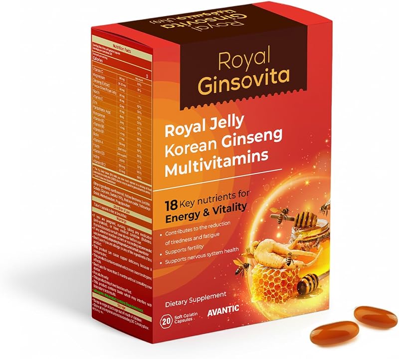 Avantic Royal Ginsovita, Royal Jelly with Korean Ginseng and Multivitamins, 18 Key Nutrients for Energy and Vitality, 20 Capsules