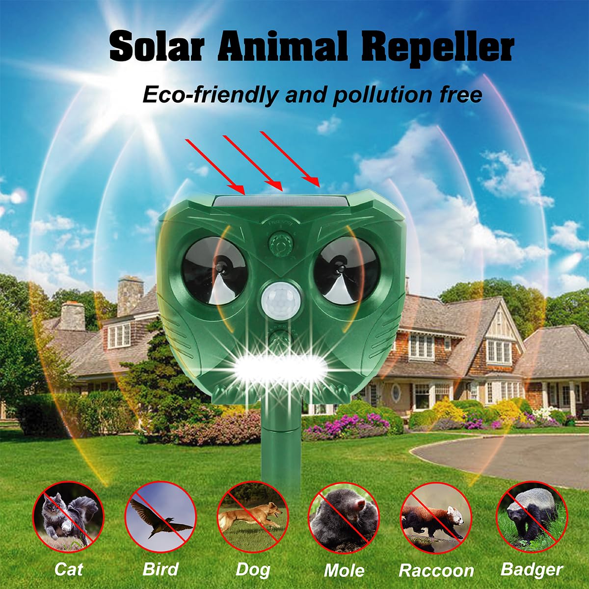 2X Repelente Ultrasónico de Gatos de Plagas Solar Impermeable,Ultrasónico Ahuyentador con Sensor de Movimiento PIR de Alta Sensibilidad
