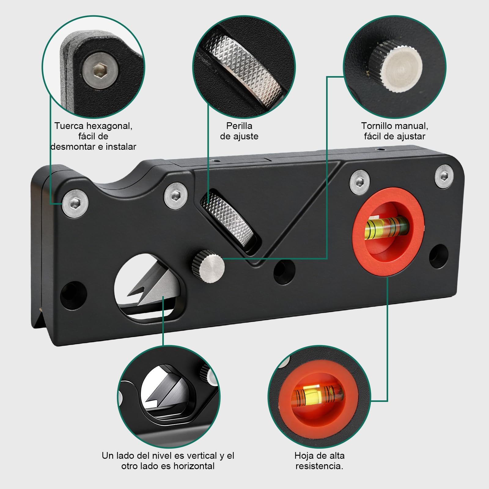 HYCHIKA Cepillo Carpintero, Cepillo para Madera de 45° con 4 Cabezales, Nivel de Burbuja y Mango Ergonómico, Cepilladora de Madera Manual para Cantos y Esquinas, Ideal para Carpinteros y Ebanistas