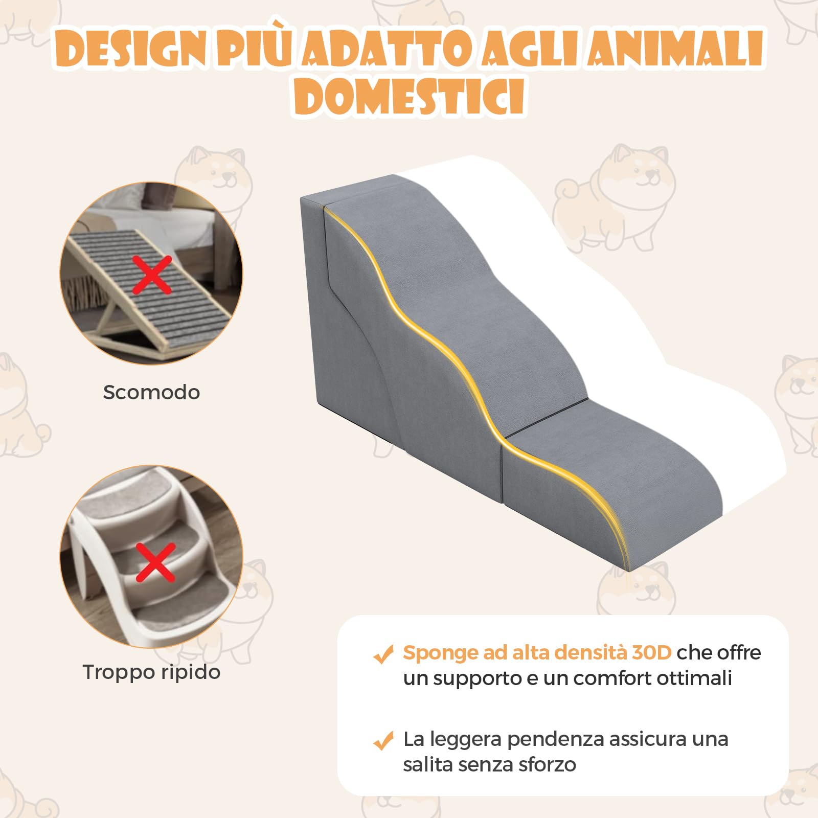 COSTWAY Scale per Cani in Schiuma a 3 Livelli, Rampe Scale per Animali 2 in 1 per Letti e Divani, Gradini per Animali Infortunati e Anziani con Base Antiscivolo, Copertura Lavabile e Rullo Adesivo