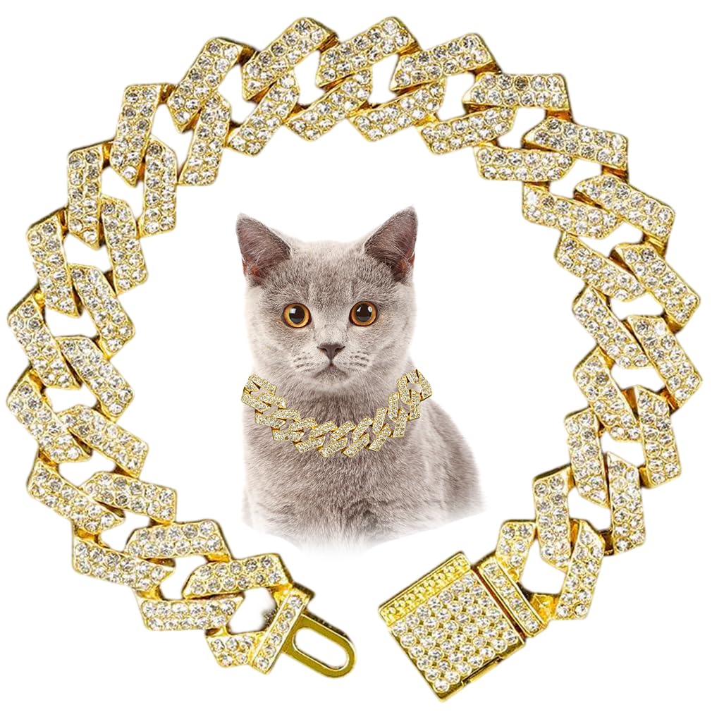 Gold Cat Chain Collar with Diamond, Bling Rhinestone Cuban Link Dog Collars Glitter Puppy Necklace Jewelry for Small Medium Large Pet Dogs, 8-Inch