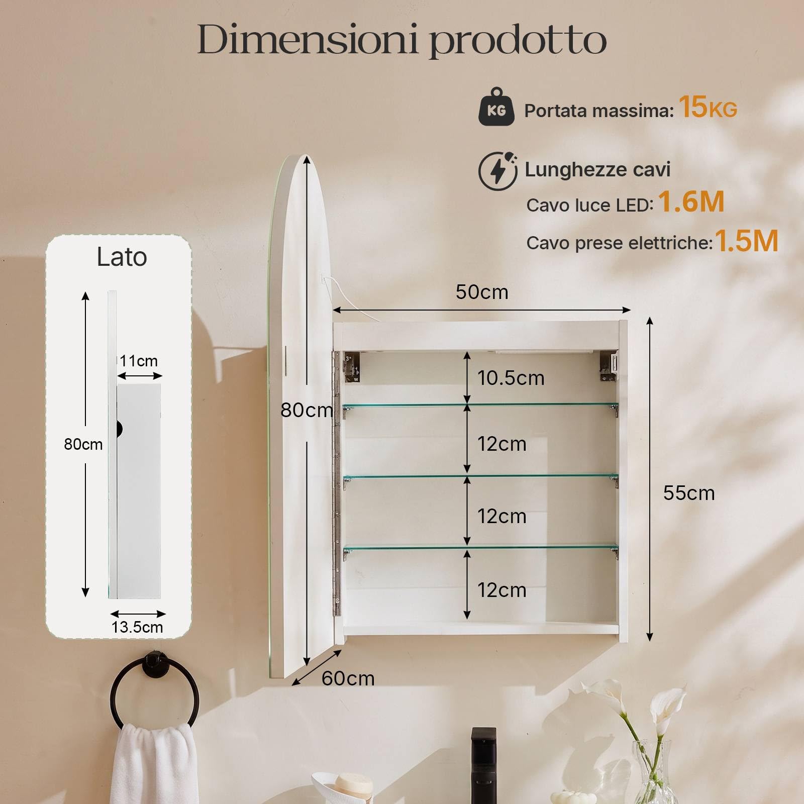 LEMROE Specchio Bagno Contenitore,Specchio curvo, con presa, luce a LED