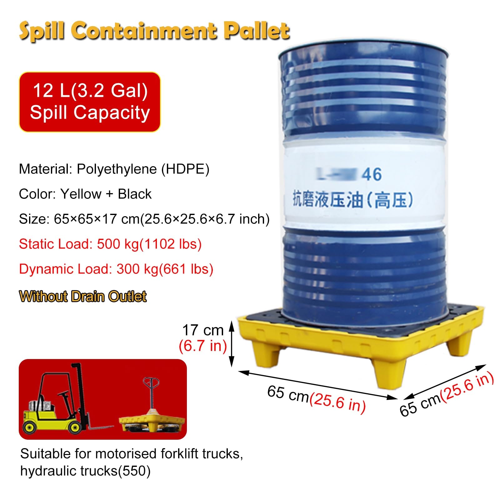 Plastic Spill Containment Pallets, Kitchen/ Laboratories/ Maintenance Stackable Outlet Modular Platform with Detachable Grating, Yellow and Black 5L 11L 12L Capacity Tray(65x65x17 cm(25.6x25.6x6.7 inc