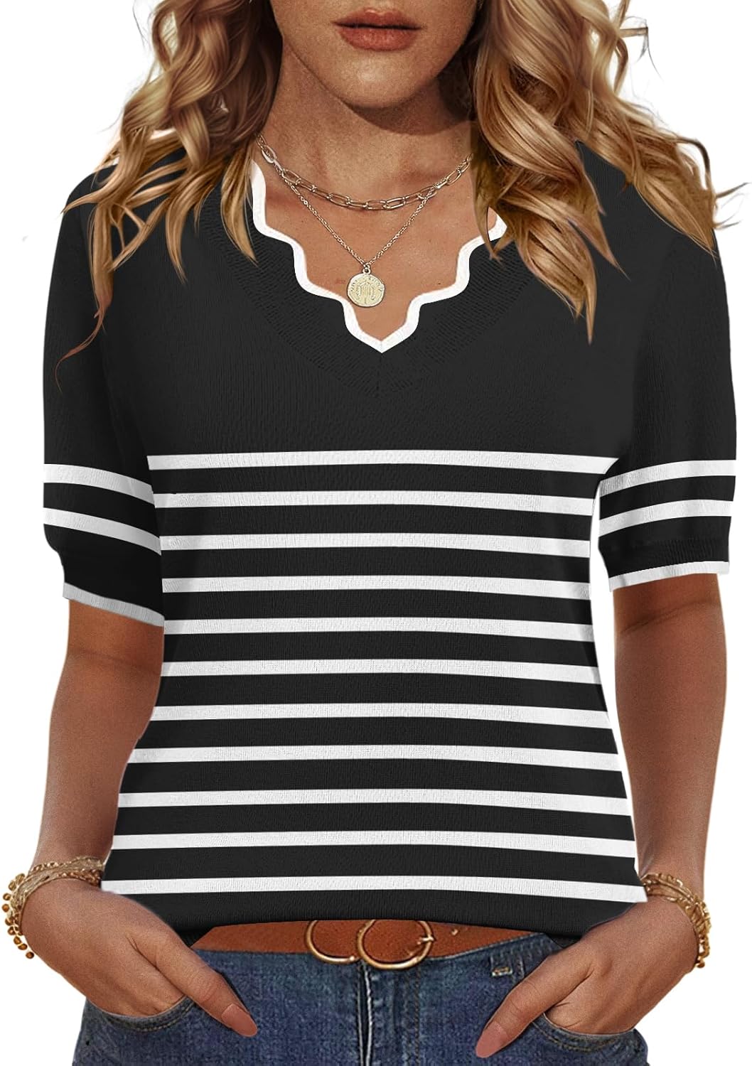 LOMON Womens 2026 Spring V Neck Sweater Casual Tops Short Sleeve Lightweight Ribbed Knit Pullover Sweaters