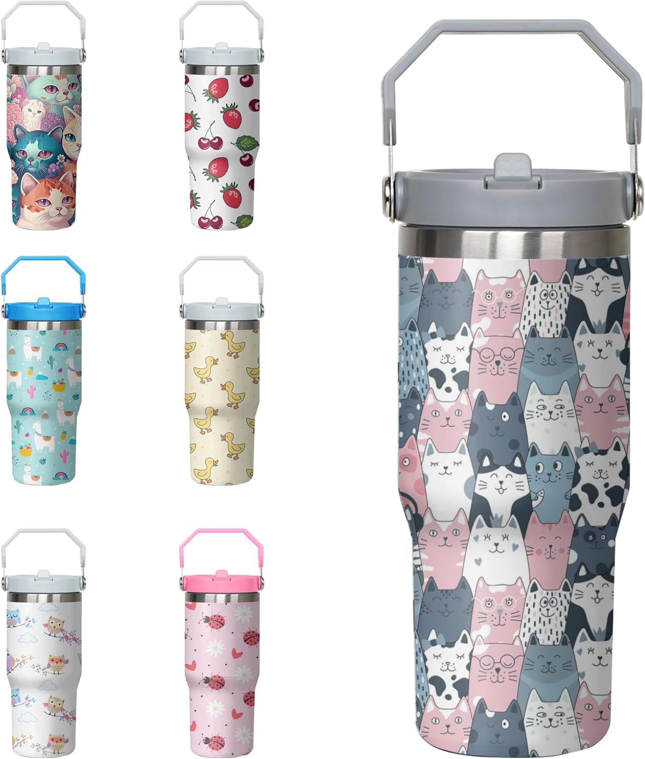Xchearser Cat Tumbler with Handle and Flip Straw for Women Men, 30oz Cute Stainless Steel Insulated Cup, Water Bottle Travel Coffee Mug, Gifts for Animal Lovers
