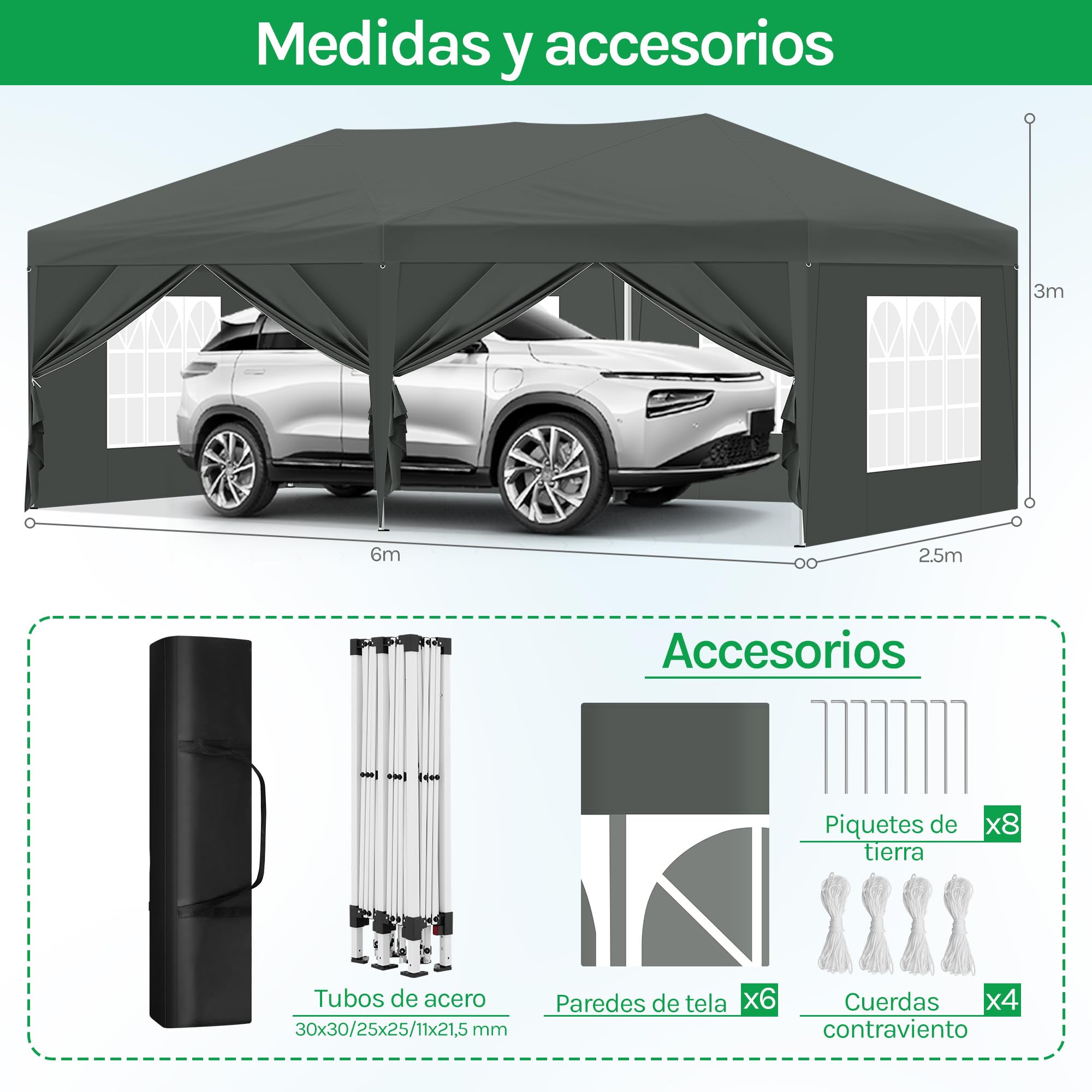 Laneetal Gazebo de Jardín 3x6 m, Carpa Plegable e Impermeable, Pergola Jardín Marco Metalico, Pabellón Cenador para Camping y Fiestas, 6 Paredes Laterales y 4 Ventanas, Antracita