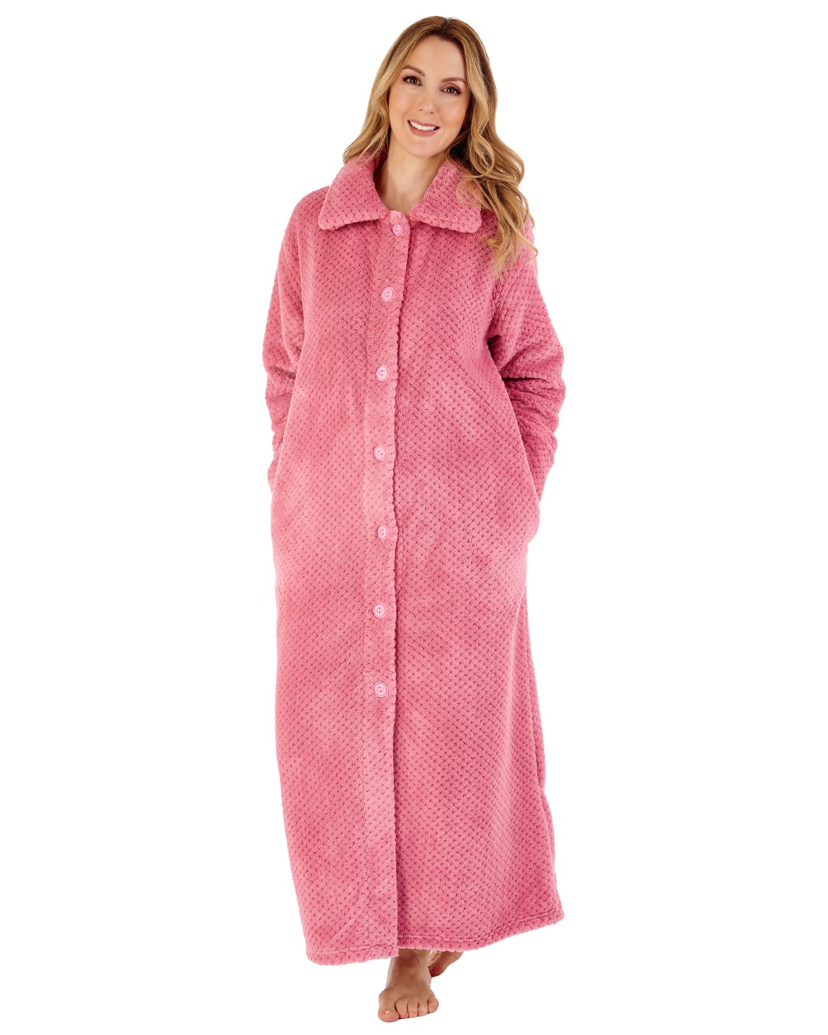 Slenderella Women's Pink Button Up Dressing Gown Soft Waffle Fleece Ankle Length Bath Robe Small (Pink)