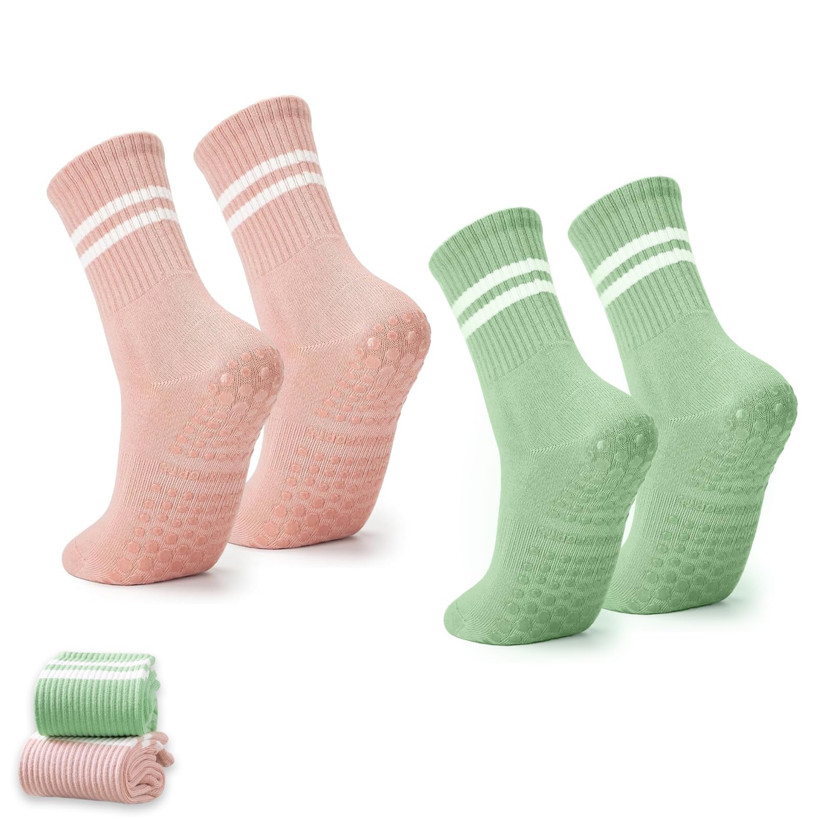 2 Pairs Yoga Socks for Women, Anti-Skid Silicone Grip Breathable Cotton Pilates Sock, Long Gym Socks for Women Jogging, Yoga, Ballet, Dance