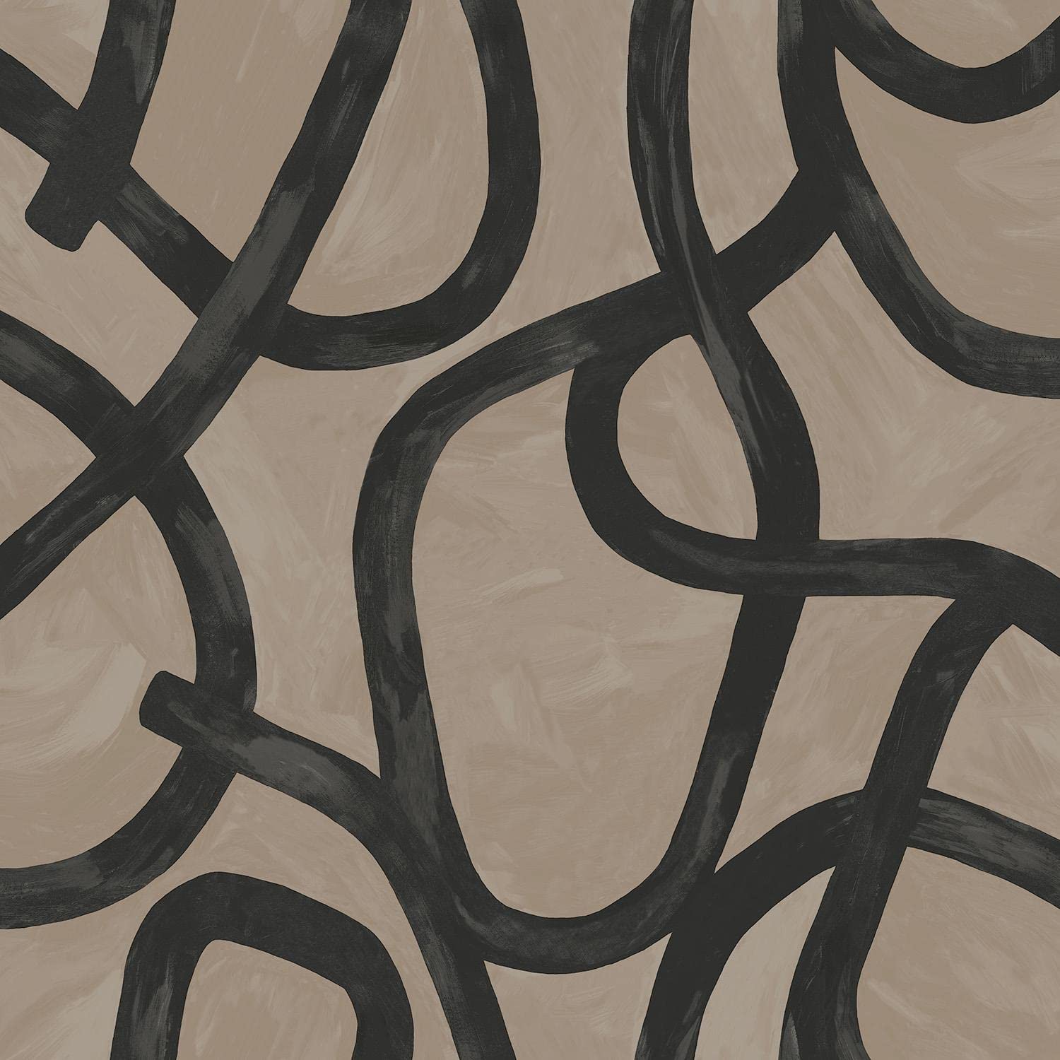 Linear Swirl Taupe Black Wallpaper - Modern Contemporary Feature Wall Squiggle Design