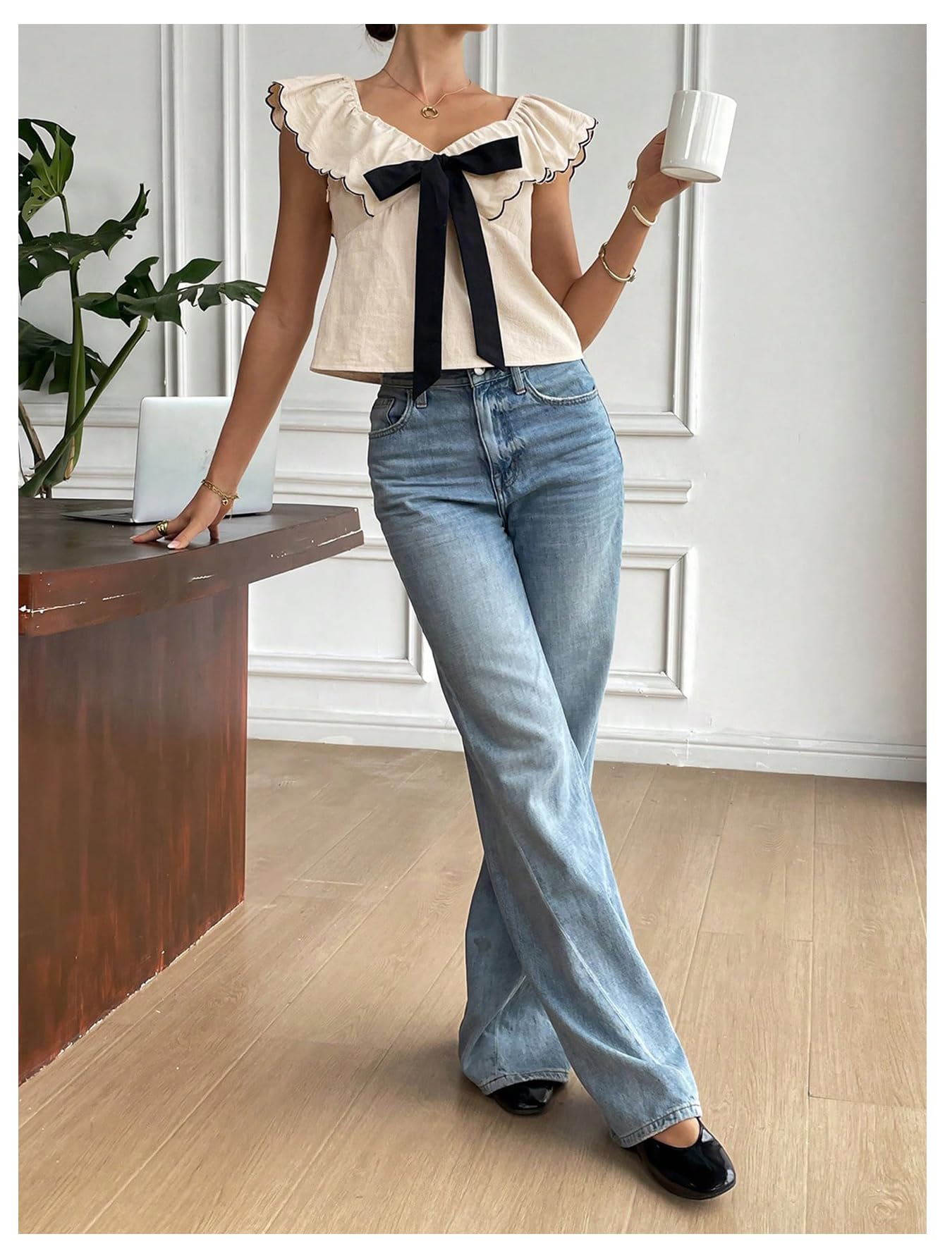 MakeMeChic Women's Bow Tie Front Sweetheart Blouse Ruffle Cap Sleeve Dressy Crop Tops