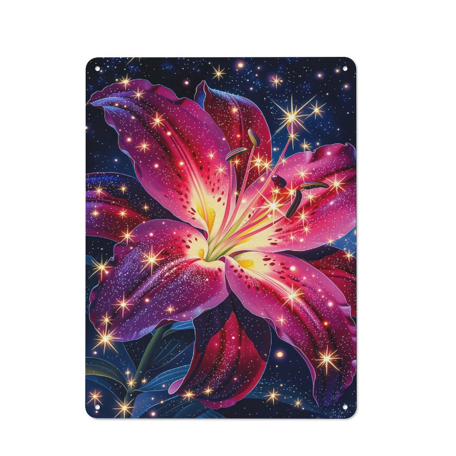Junmoney Style-17 Sparkling Lily In A Starry Night Warehouse Style Metal Wall Decor 40X30cm, Tin Wall Sign For Modern Home, Workshop, Office Or Cafe