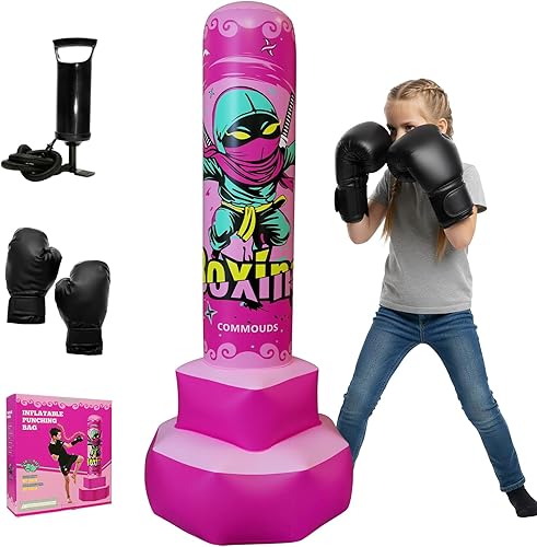 COMMOUDS Saco de boxeo de 67 pulgadas para niños, juego de boxeo inflable con guantes, saco de boxeo de rebote rápido para practicar karate,