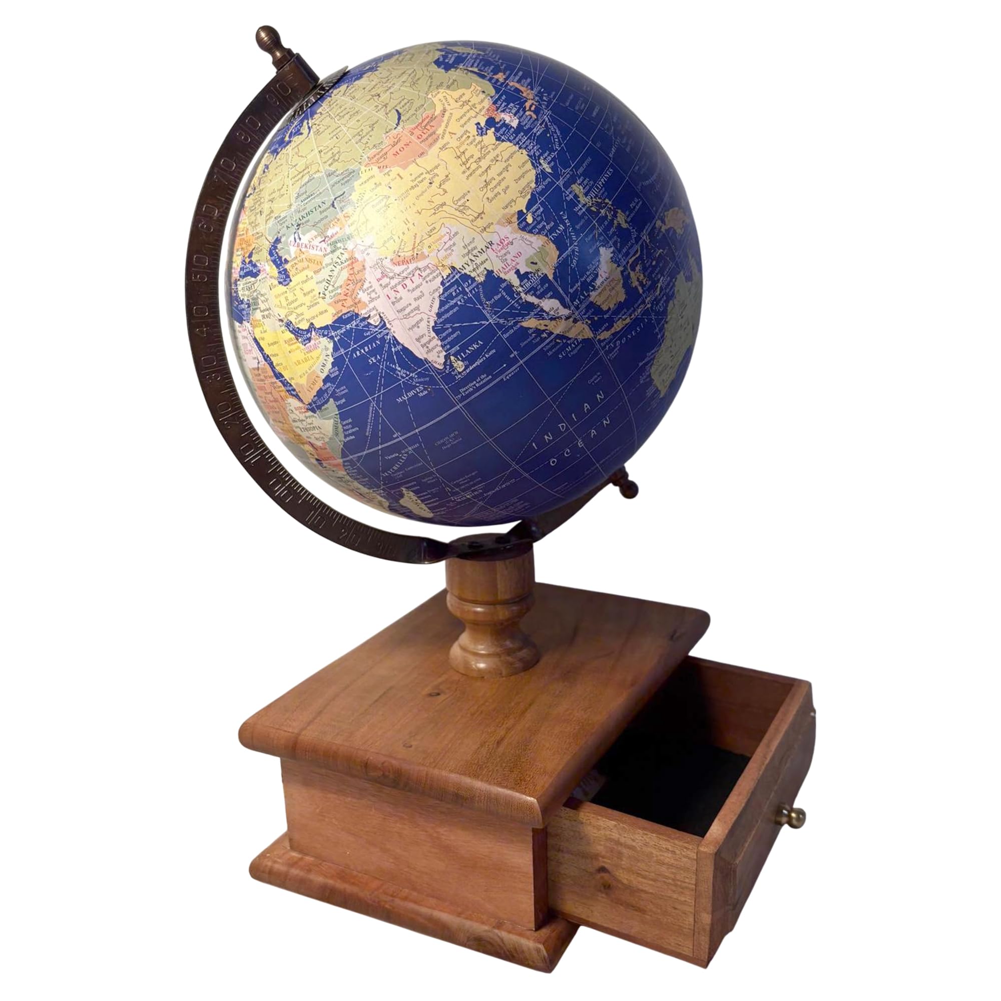 20cm 𝗚𝗟𝗢𝗕𝗘 𝗪𝗜𝗧𝗛 𝗪𝗢𝗢𝗗𝗘𝗡 𝗕𝗔𝗦𝗘 & 𝗗𝗥𝗔𝗪𝗘𝗥 - Rotating Vintage World Globe, Educational Geographic Desktop Accessory