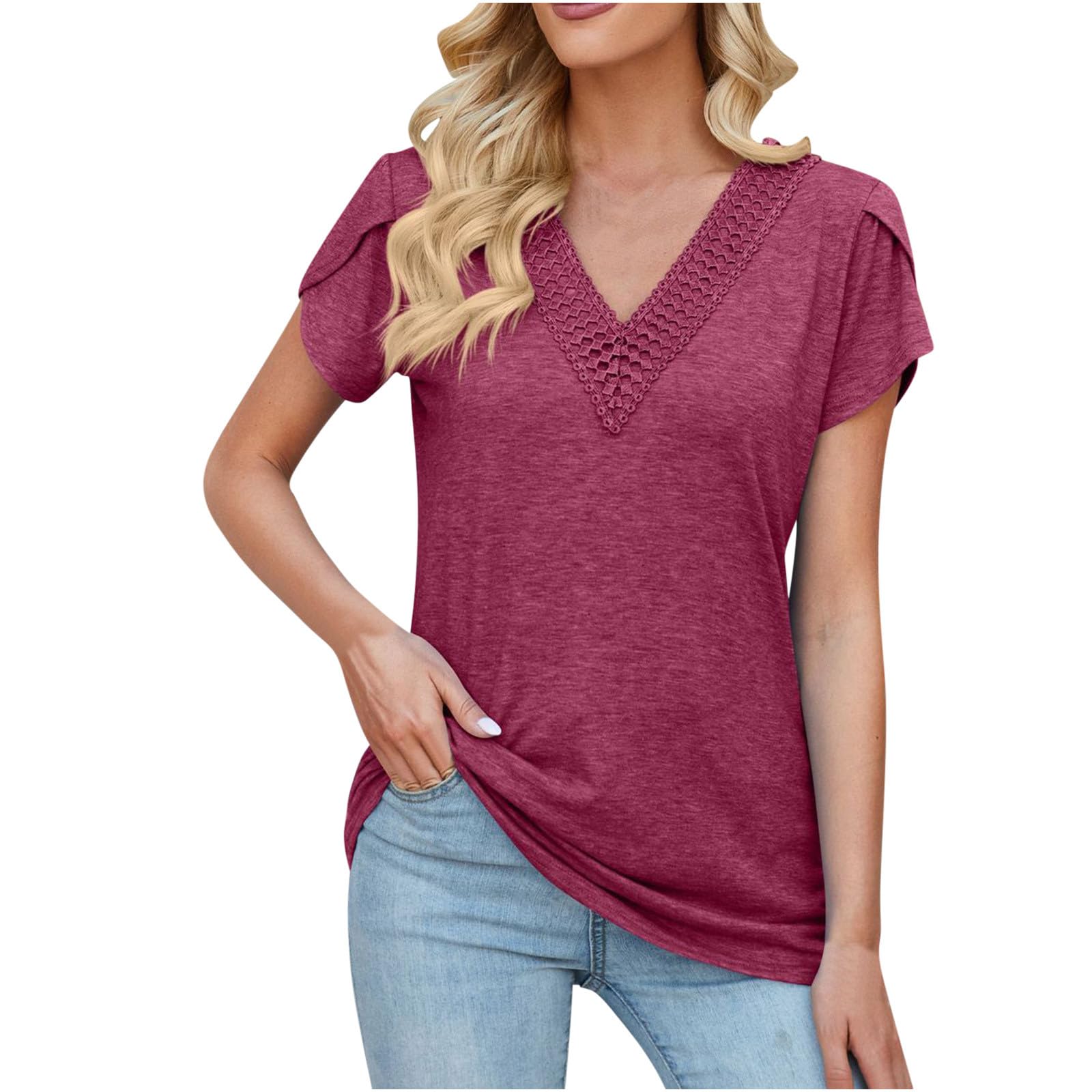 Lemoiitea Blusa de moda para mujer, informal, de manga corta, holgada, elegante, de encaje, cuello en V, manga pétalo, para verano, color liso, para el trabajo diario