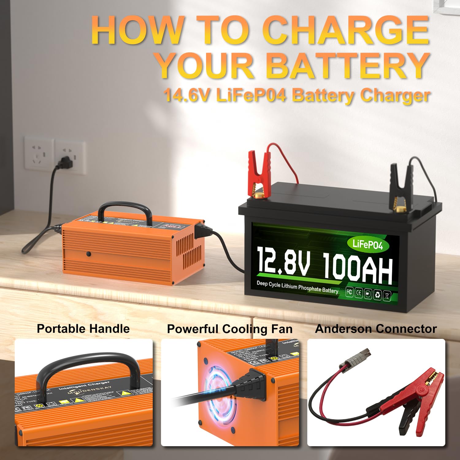 LiFePO4 Ladegerät 14.6V 20A - 12V/12.8V Lithium Batterieladegerät mit LED Anzeige für 30AH-100Ah Lithium LiFePO4 Deep Cycle Akkus,Auto,Wohnmobil,Marine