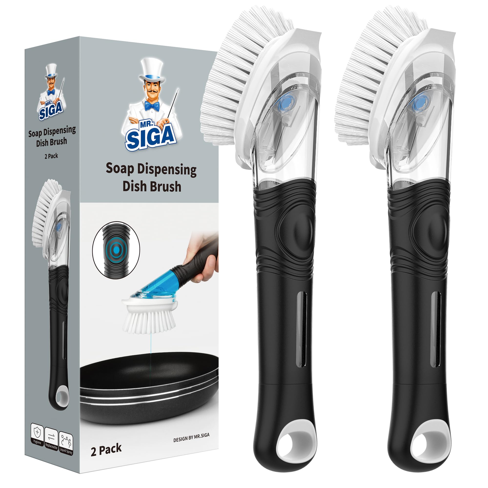 Mr.siga Black Soap Dispensing Dish Brush, Kitchen Brush For Pot Pan Sink Cleaning, Pack Of 2