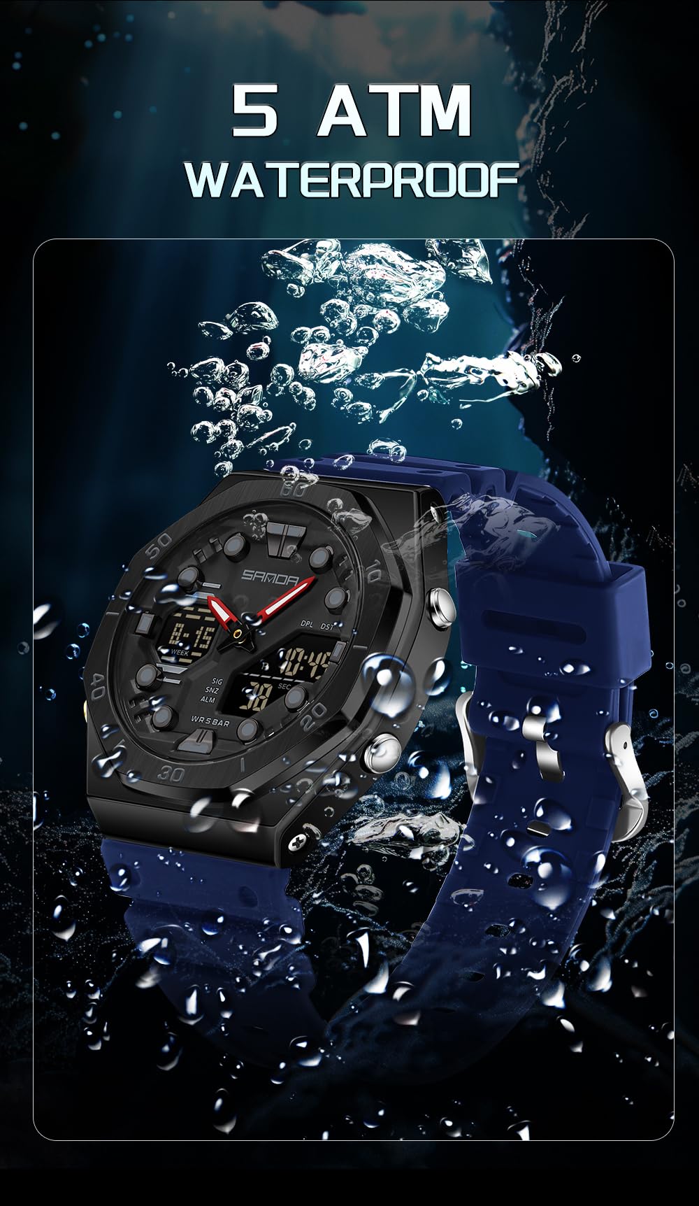 Gosasa Orologio sportivo da uomo, con doppio display, impermeabile, 5 atm, analogico, digitale, con luce notturna, cronometro, conto alla rovescia, sveglia, ora mondiale, cinturino in TPU