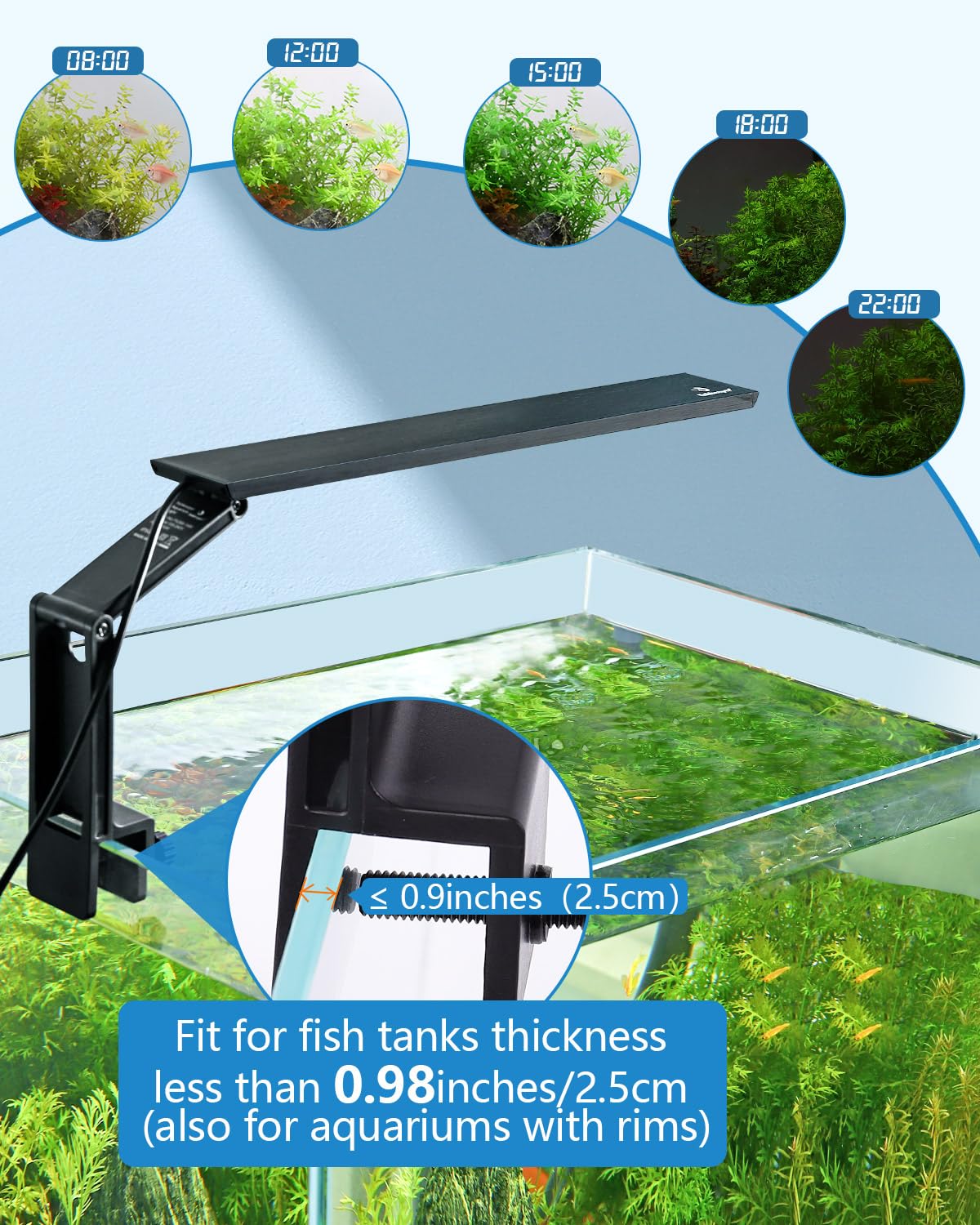 fishkeeper Petite lampe pour aquarium, éclairage pour aquarium 24/7 avec clip, DIY et minuterie, 10 niveaux de luminosité réglables, éclairage LED pliable à 360° pour aquariums avec rebord