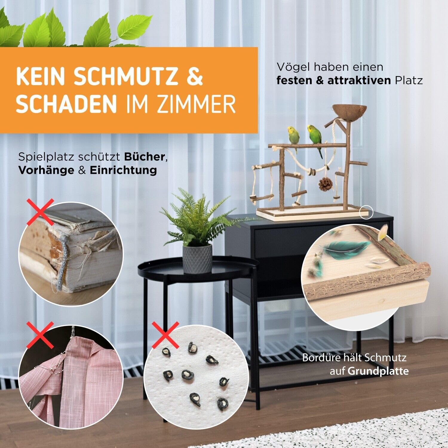 Vogelgaleria® Luxus Vogelspielplatz aus Natur Holz mit Abnehmbarer Futterschale | Ideales Spielzeug bei Freiflug für Wellensittich Nymphensittich | Vogelspielzeug