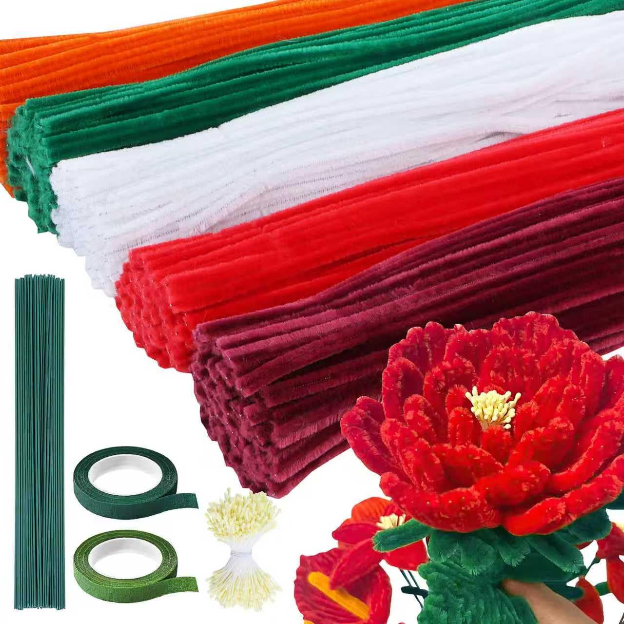 Niuny Pfeifenputzer zum Basteln Blumen 500Stk Pfeifenreiniger Blumen 5 Farben Pfeifenreiniger zum Basteln Pipe Cleaner Rote Pfeifenputzer mit Blumendraht Staubgefäße Klebeband für DIY Blumenstrauß