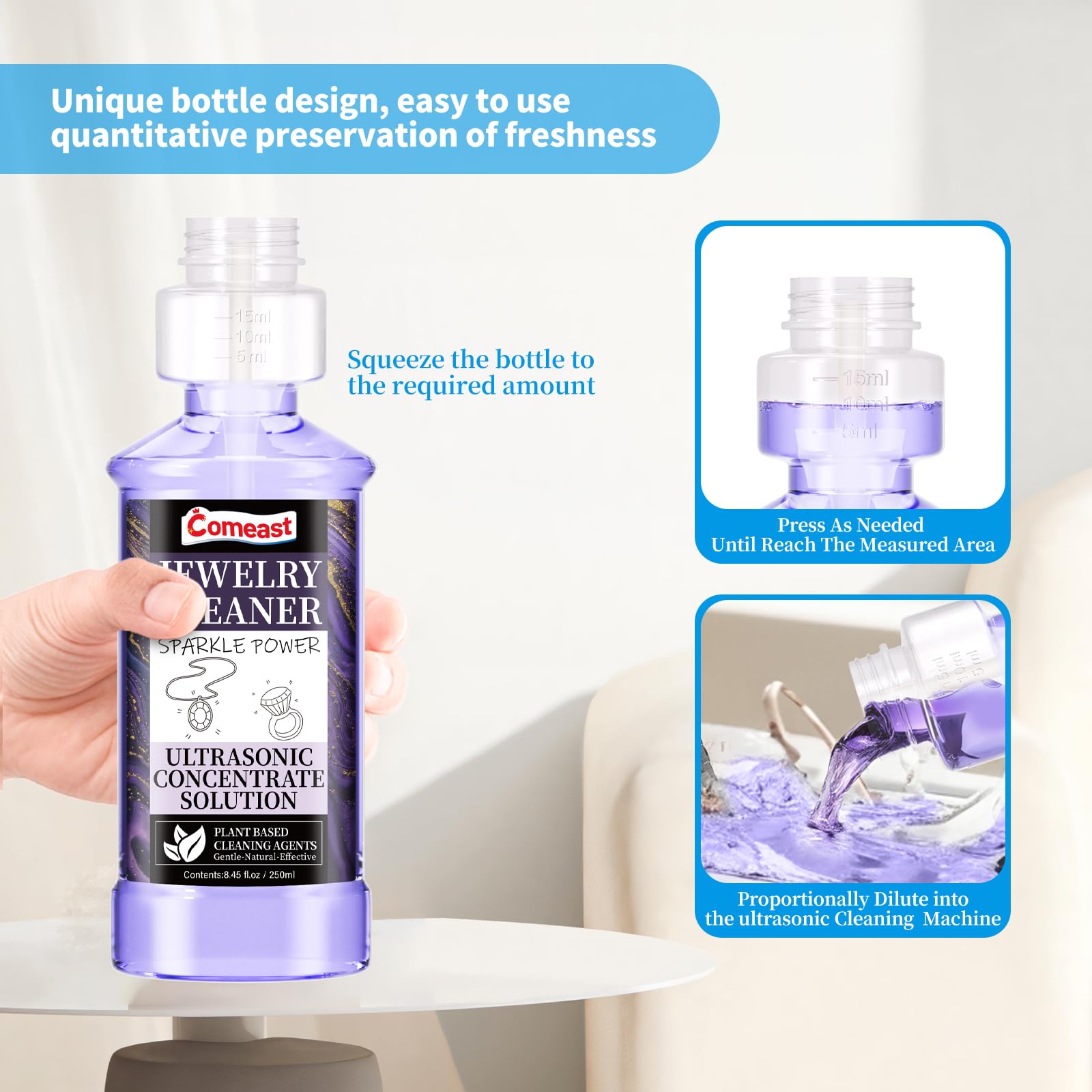 Solución limpiadora ultrasónica concentrada, solución limpiadora ultrasónica de joyas, potencia profesional para todas las máquinas ultrasónicas, lentes a base de plantas, gemas y joyas, líquido total