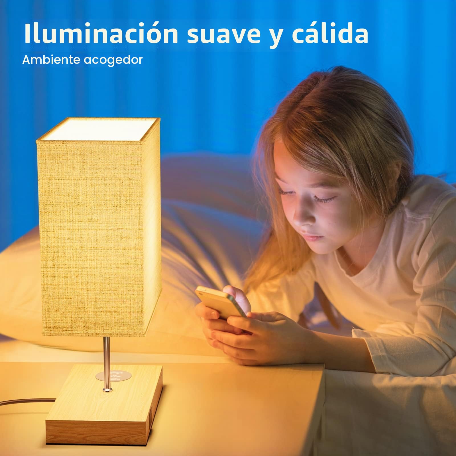 GLUROO Lamparas de Mesita de Noche con Cargador Inalámbrico, Lámparas de Mesa Táctil, 2 Puertos de Carga USB, Regulable de 3 vías Lámpara de Noche Vintage para Habitación,Salon,Oficina