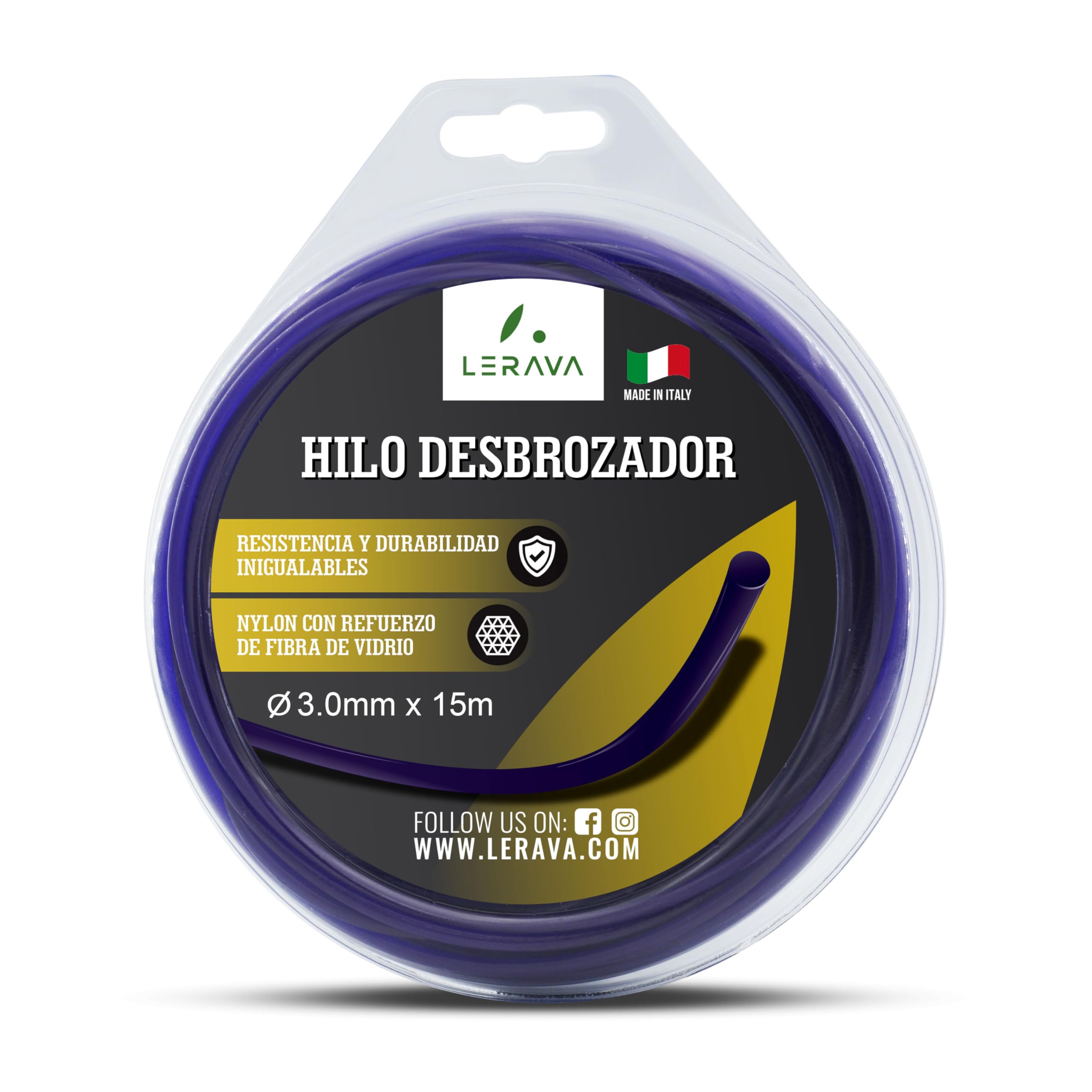 LERAVA® Hilo desbrozadora 3mm - ⌀3.0mm x 15m – Hilo para desbrozadora Resistente y Duradero - Nylon Reforzado con Fibra de Vidrio - 100% Made in Italy