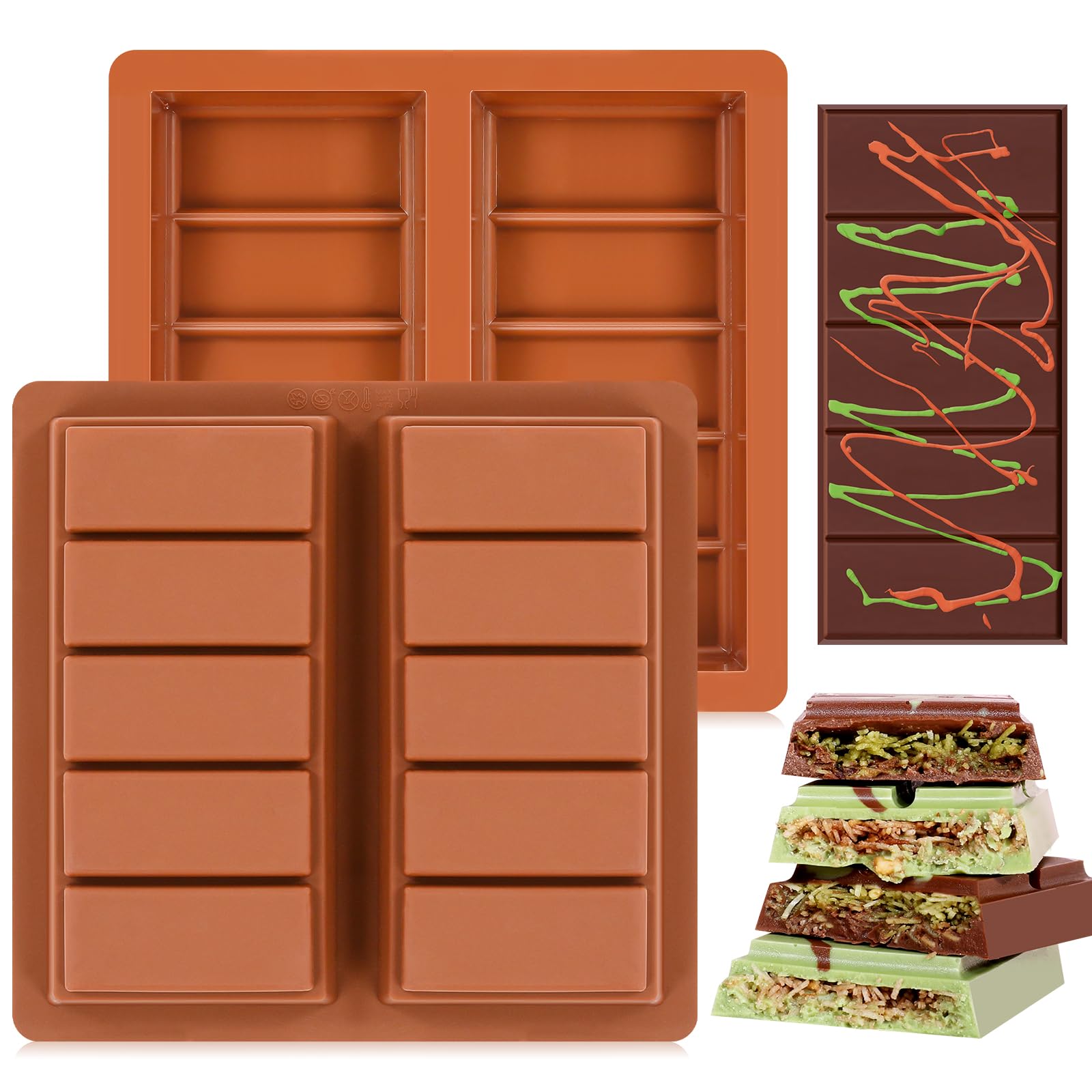 Molde de silicona para barra de chocolate, molde de chocolate Dubai de 1 pulgada de profundidad, antiadherente, flexible, grande y grueso, chocolates caseros, dulces y postres, juego de 2