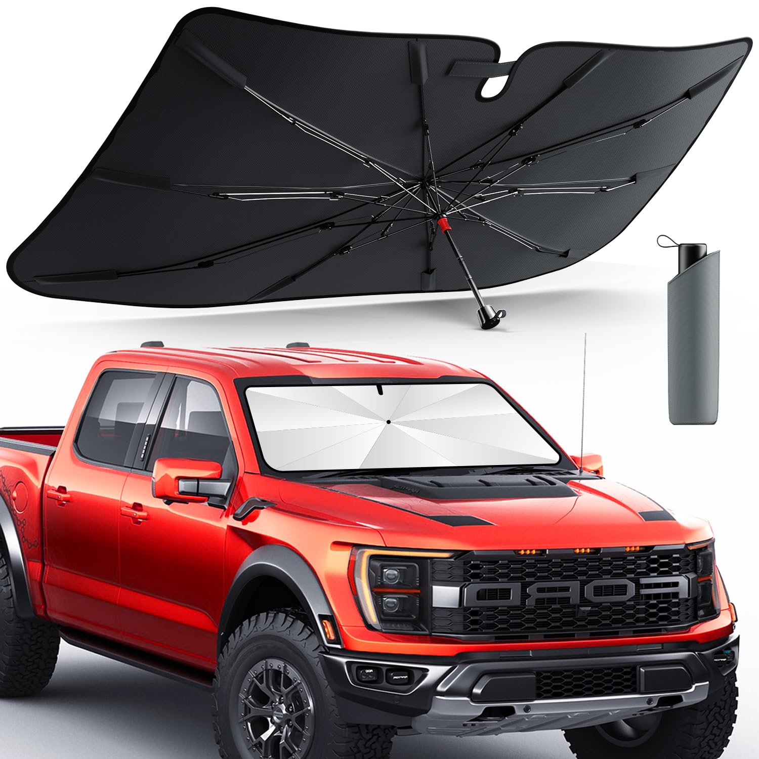 Car Windshield Sun Shade, [2024 Upgrade] [Newest Nano Ice-Crystal Coatings] Umbrella Sunshade for Car - Protect Interior from UV & Keep Car Cooler (Large Size)