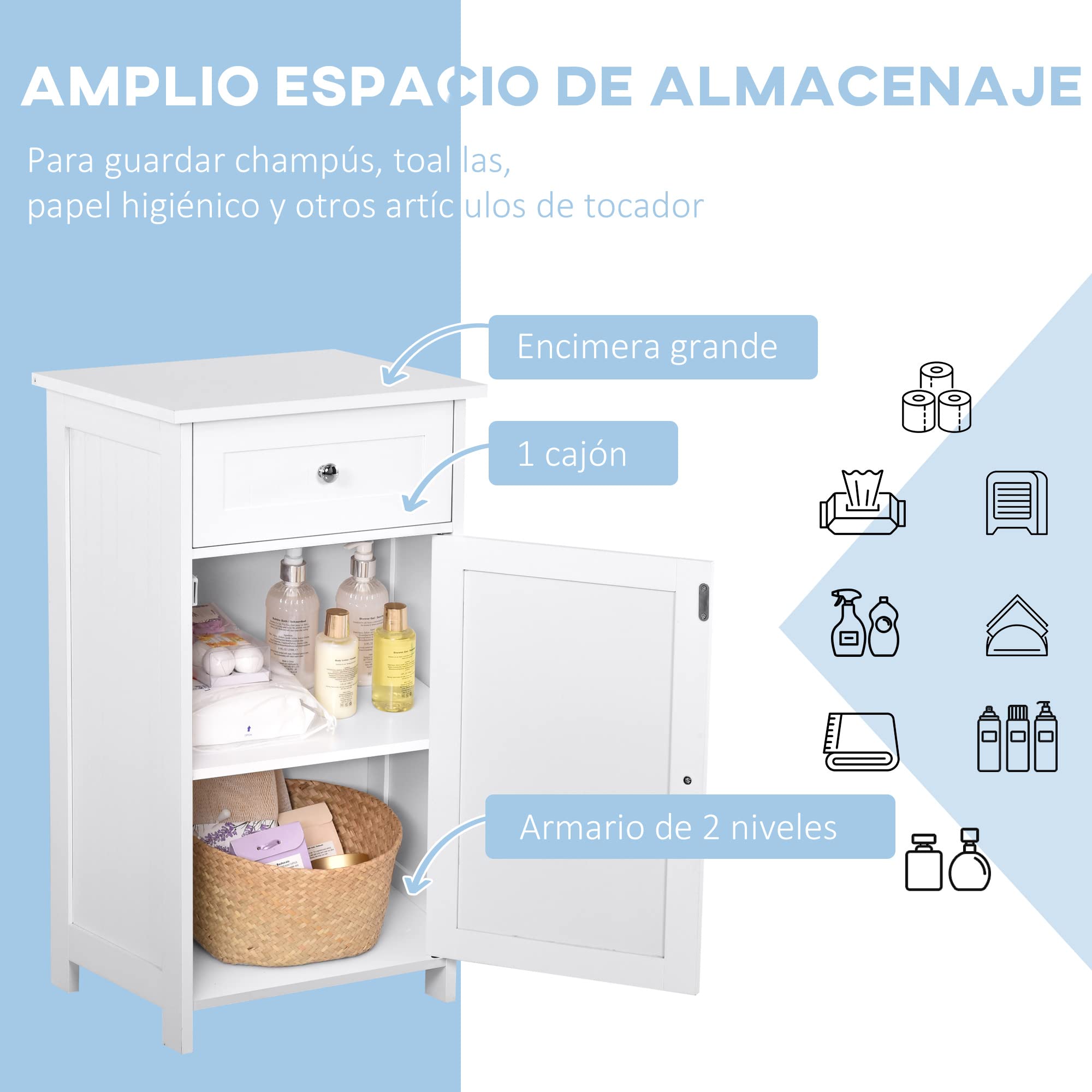kleankin Armario de Baño con 1 Cajón 1 Puerta Antivuelco 43x34x77 cm Blanco | Estante Ajustable Interior, Mueble Auxiliar de Almacenaje, para Salón Cocina