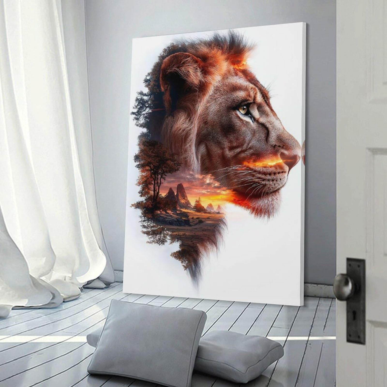 Junmoney Lion Sunset Double Exposure Room Decor Wall Art, 20x30inch(50x75cm), for Living Room, Lounge Or Sitting Room, A Home Accent with Warm Character
