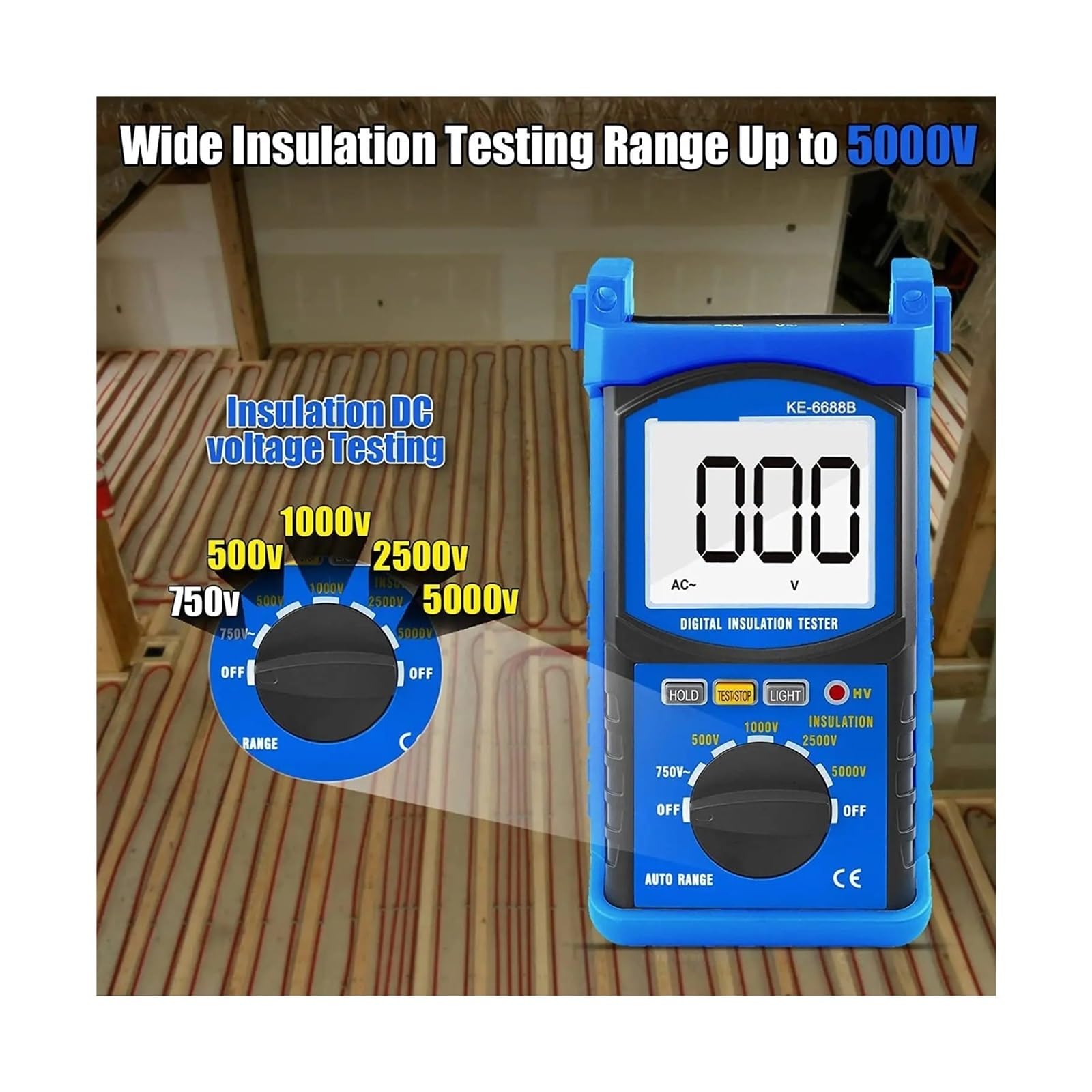 Cyfrowy megaomomierz, tester rezystancji izolacji Kethvoz 500 V/1000 V/2500 V/5000 V, automatyczny z zakresem 1 MΩ~2 GΩ, pomiar prądu przemiennego Przemysł, Motoryzacja