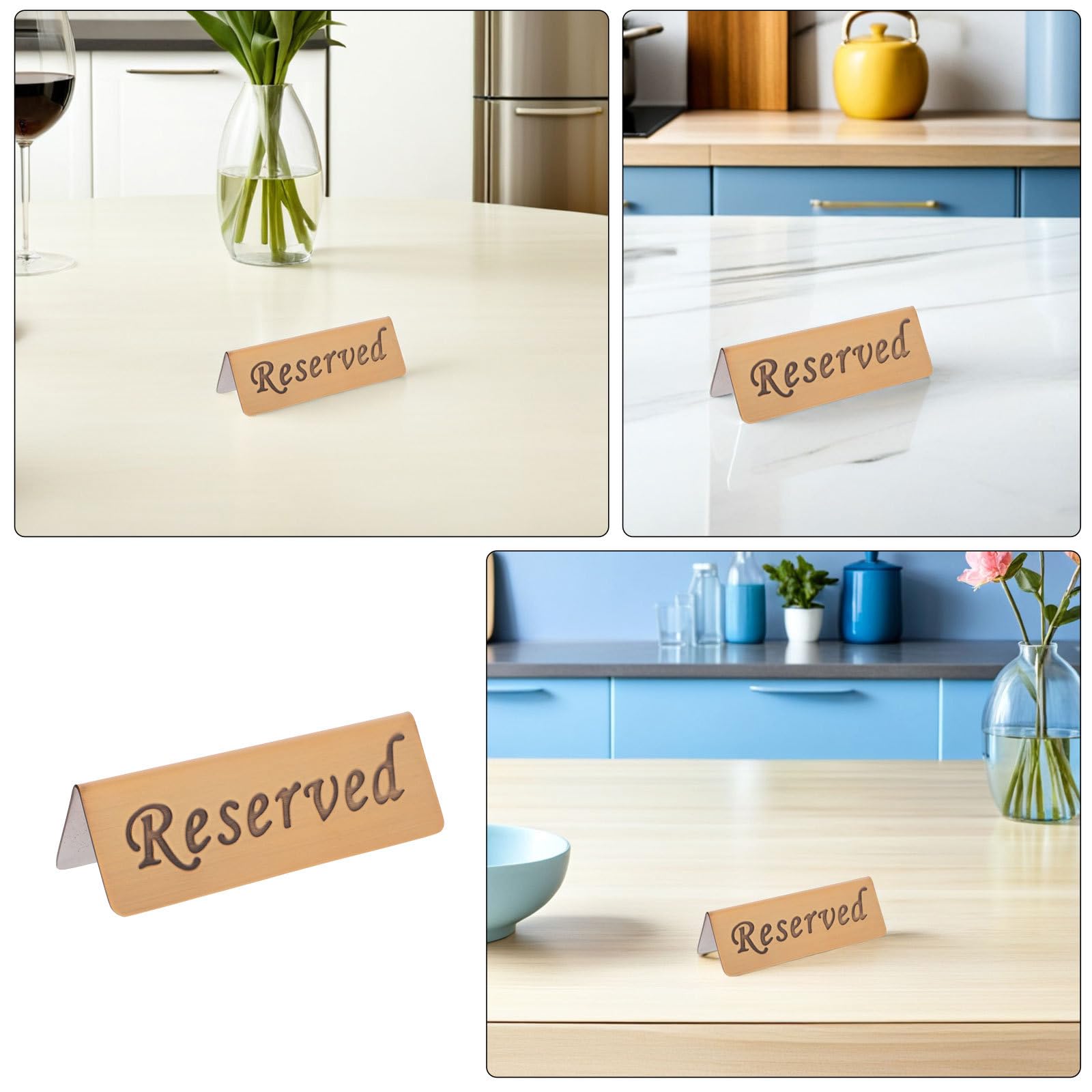 OUNONA 2 letreros de mesa reservada: Letreros de acero inoxidable para reservar asientos, tarjetas de mesa de doble cara para bodas y restaurantes.