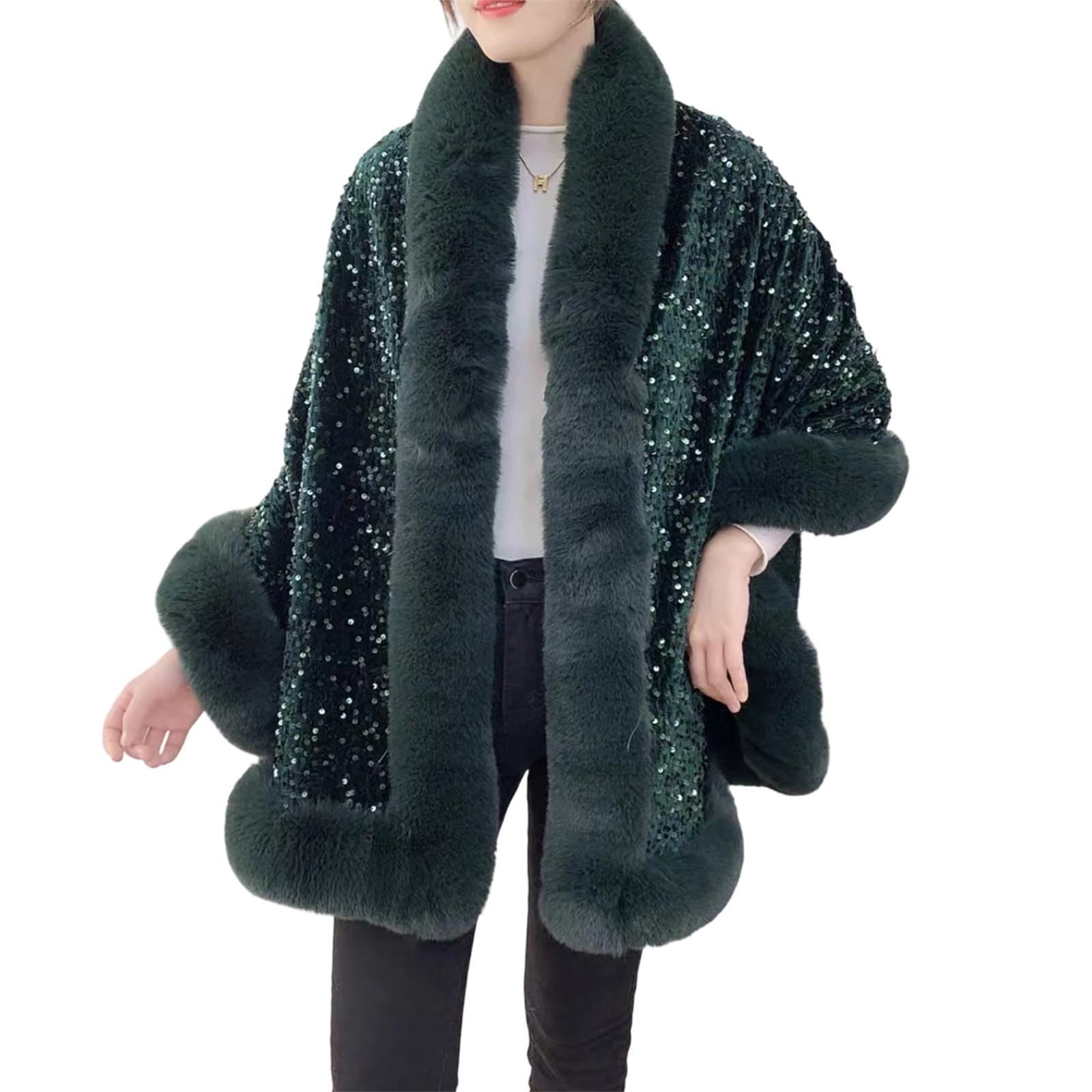 Générique Gilet Femme Chic Et Elegant Cardigan Décontracté Léger - Gilet Cape Châle À Sequins Tendance avec Faux Col Et Doublure Polaire Idéal pour l'hiver Et Les Vêtements D'Extérieur Élégants