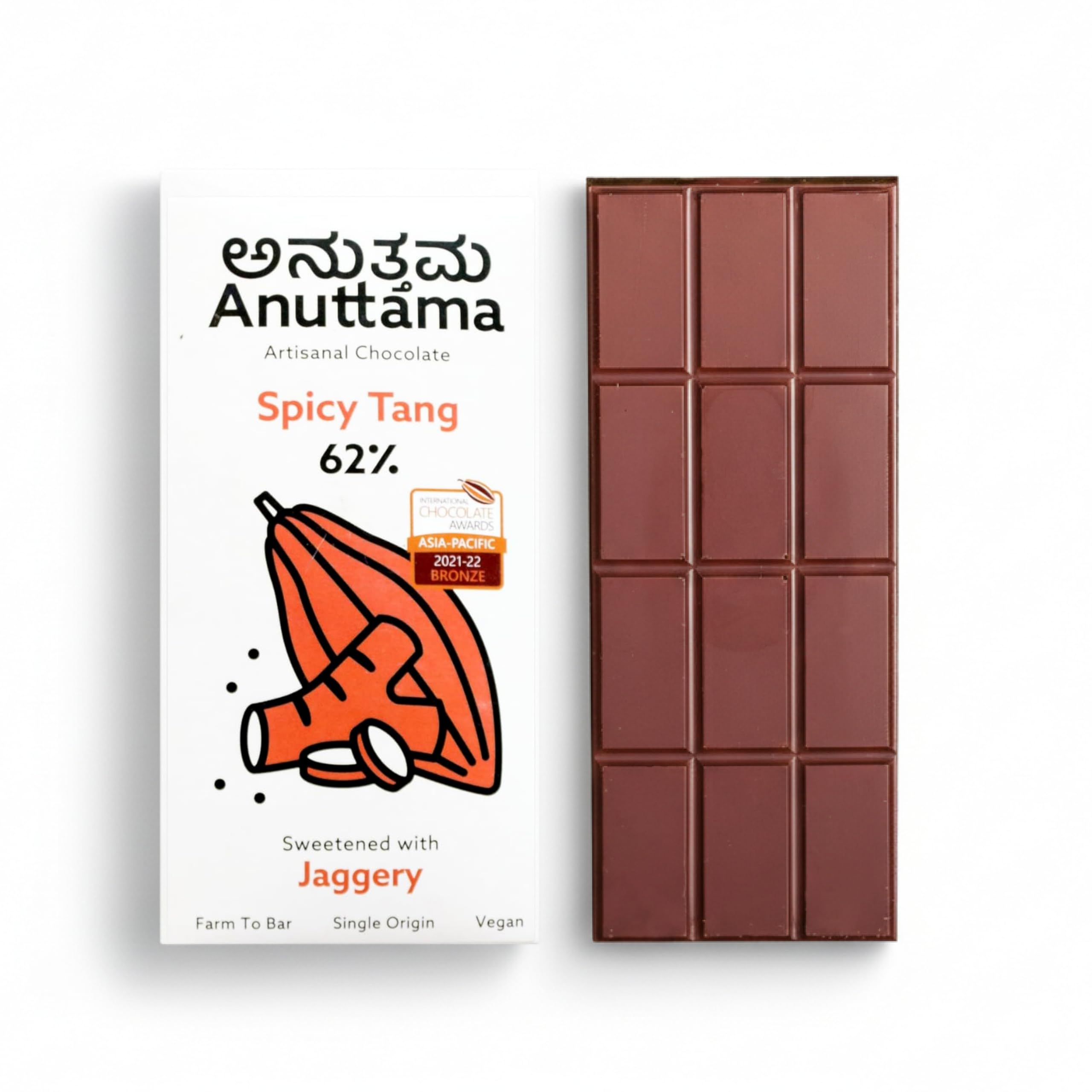 ANUTTAMA Spicy Tang Dark Chocolate-50g | 62% Cocoa | Chocolate Gift Pack | Dried Ginger and Pepper | Natural Jaggery Sweetened | Dark Chocolate Bar | Vegan Chocolate | Natural Chocolate Bar