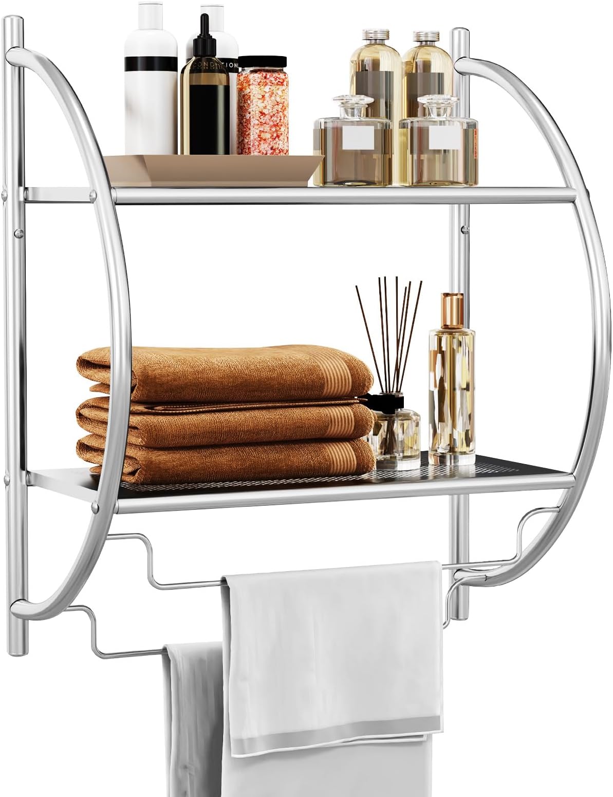 Taylor & Brown 2 Tier Modern Chrome Wall Mounted Curved Bathroom Shelf Shelving Unit With Double ...