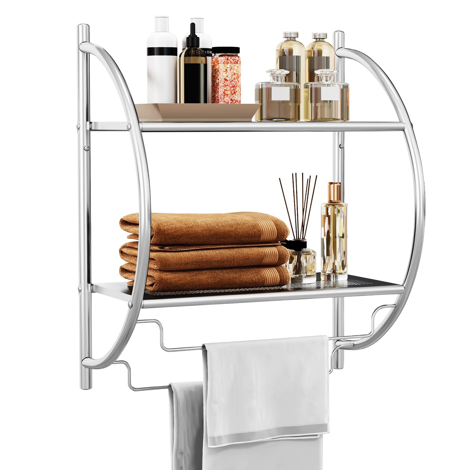 CASART Wall Mounted Towel Rack, Multifunctional Towel Rail Shelving Unit, Display Shelf Storage Organiser for Bathroom, Kitchen and Living Room (Silver)