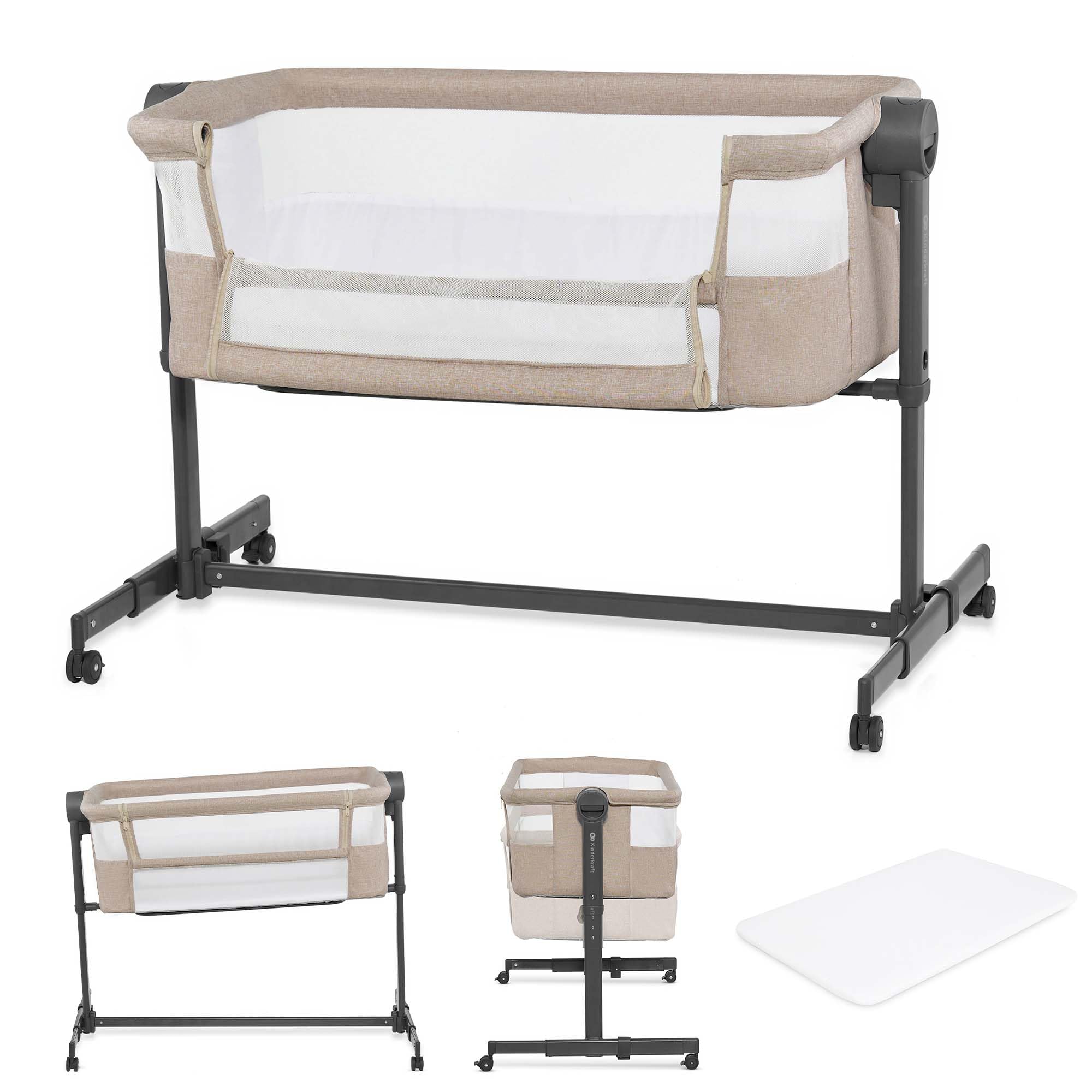 Kinderkraft Nestee UP 2 Cuna Colecho para Bebé con Colchón, Cuna de Cabecera, Fácil Ajuste de Cama de Padres, Ajuste de Altura, Buena Circulación de Aire, Ruedas transportarás, Beige