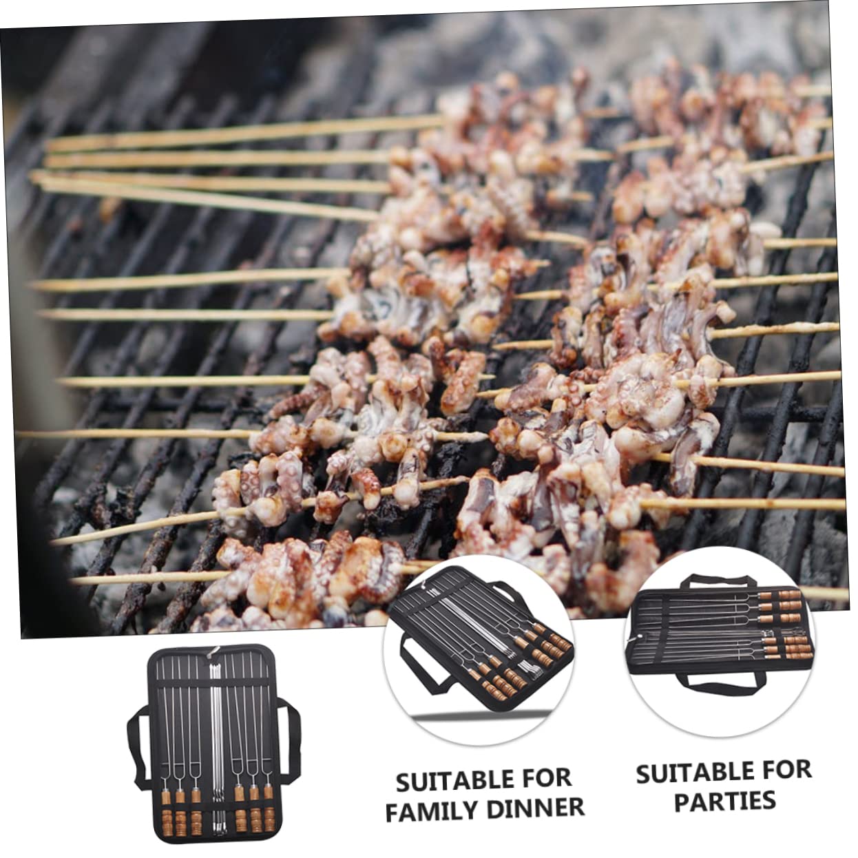 VICASKY 10 spiedini in acciaio inox con custodia, durevoli strumenti per barbecue sicuri e grigliate, per campeggio e barbecue all'aperto, antiruggine