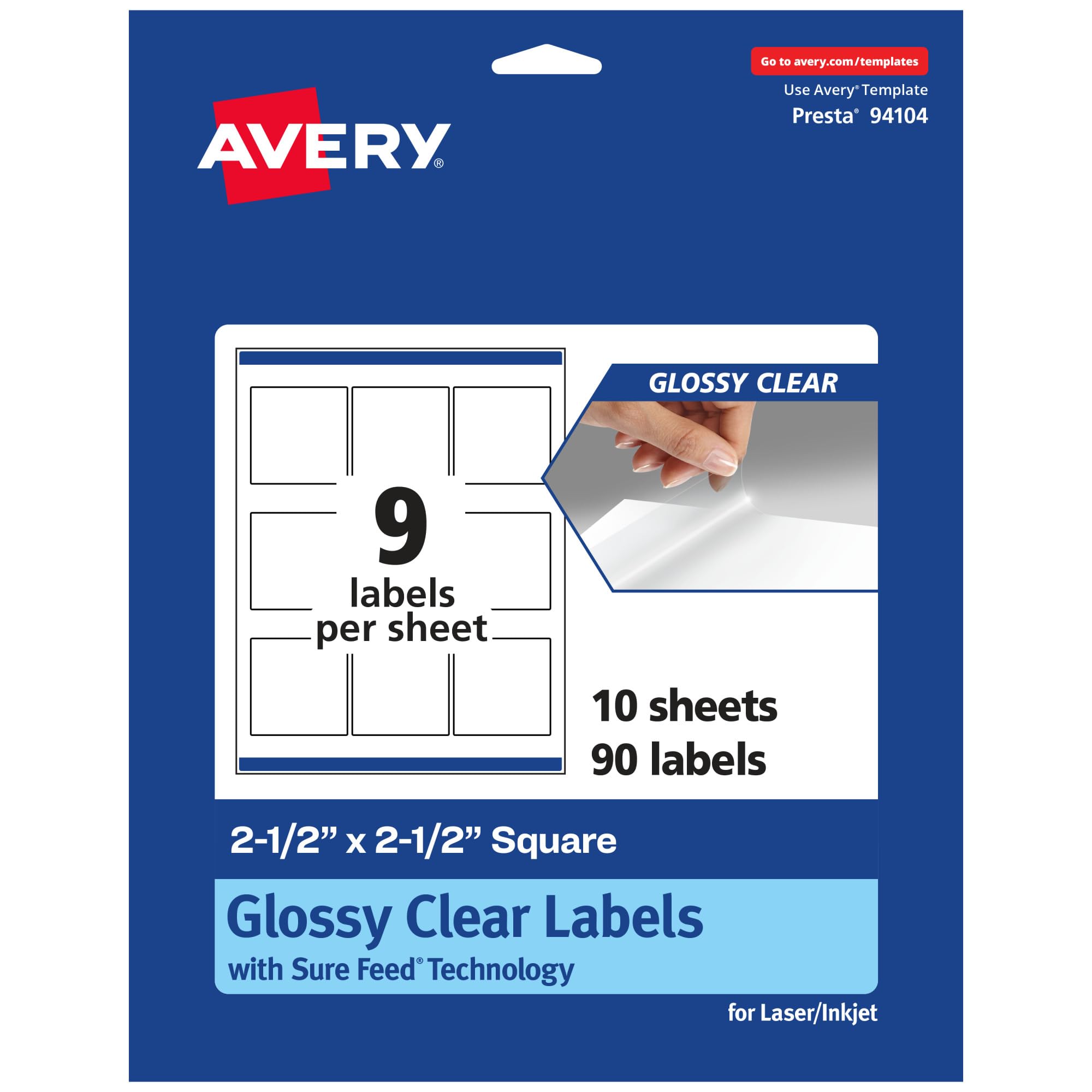 Avery Glossy Clear Square Labels, Sure Feed Technology, 2.5" x 2.5", 90 Glossy Clear Labels, Laser/Inkjet Printable