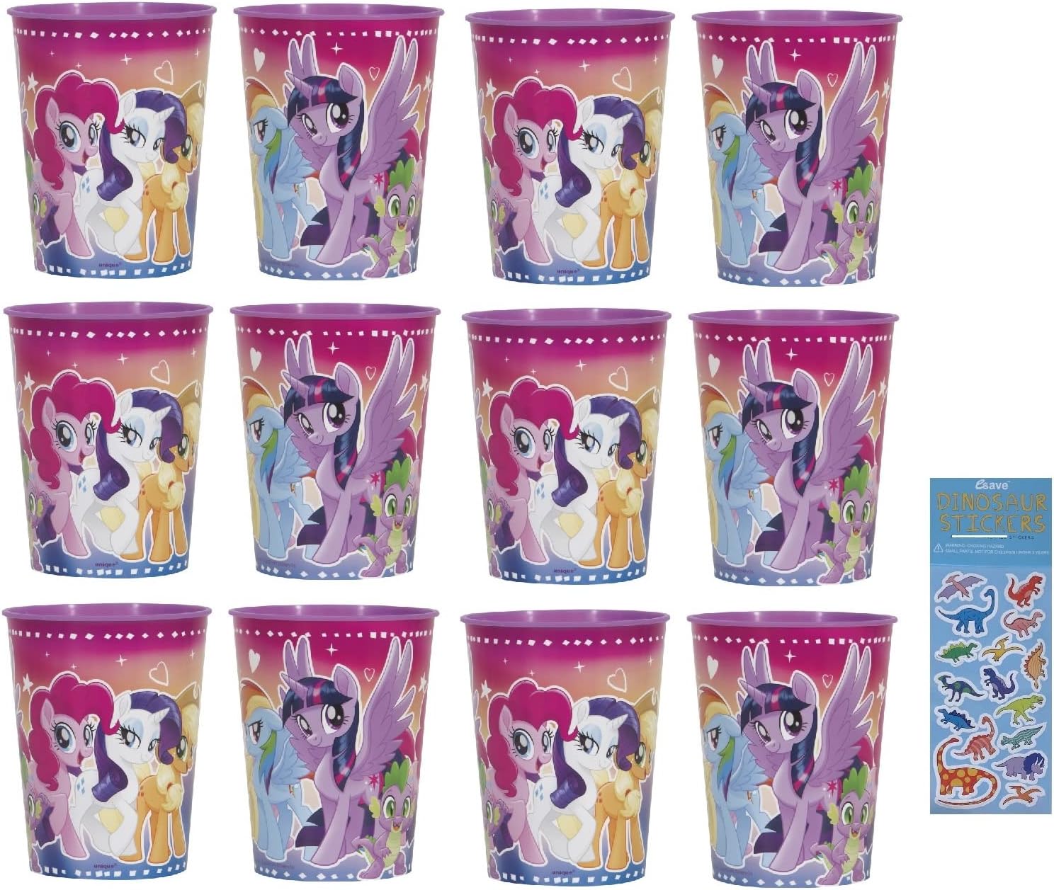 Unique My Little Pony Birthday Party Supplies Bundle Pack includes 12 Plastic Reusable Cups and 1 Dinosaur Sticker Sheet