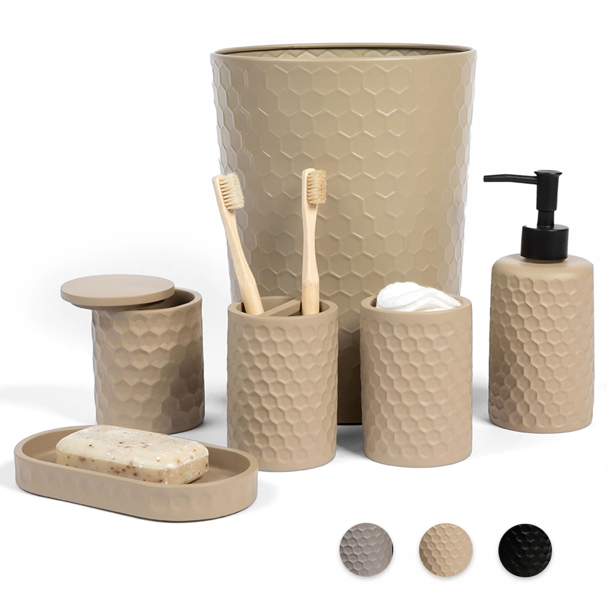 zccz 6 Piece Bathroom Accessories Set, Toothbrush Holder, Toothbrush Cup, Soap Dispenser,Bathroom Vanity Tray, Qtip Holder, Trash Can - Khaki
