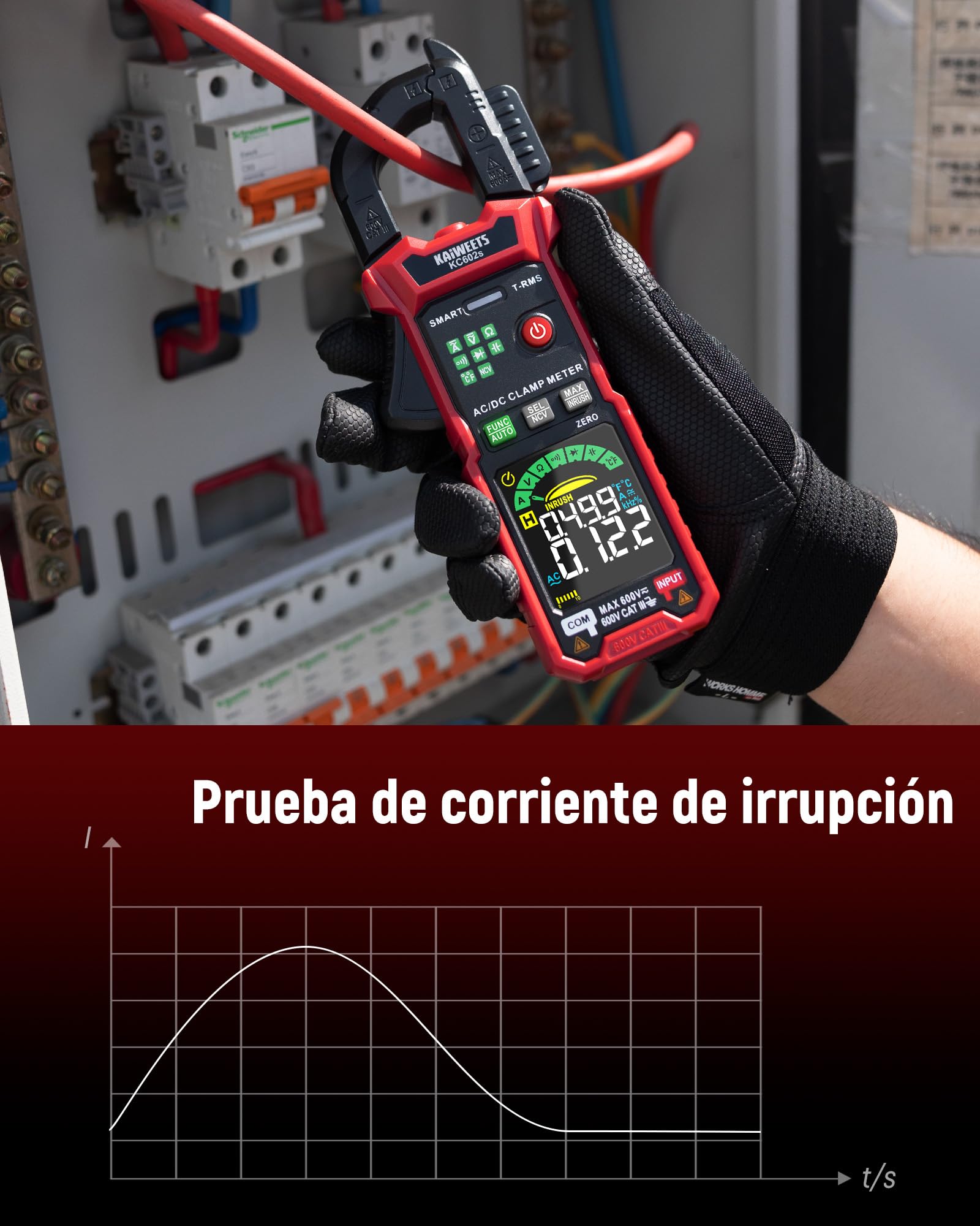 KAIWEETS Tenazas de corriente 600A TRMS, calibrador de corriente digital, 6000 cuentas, CA/CC, NCV